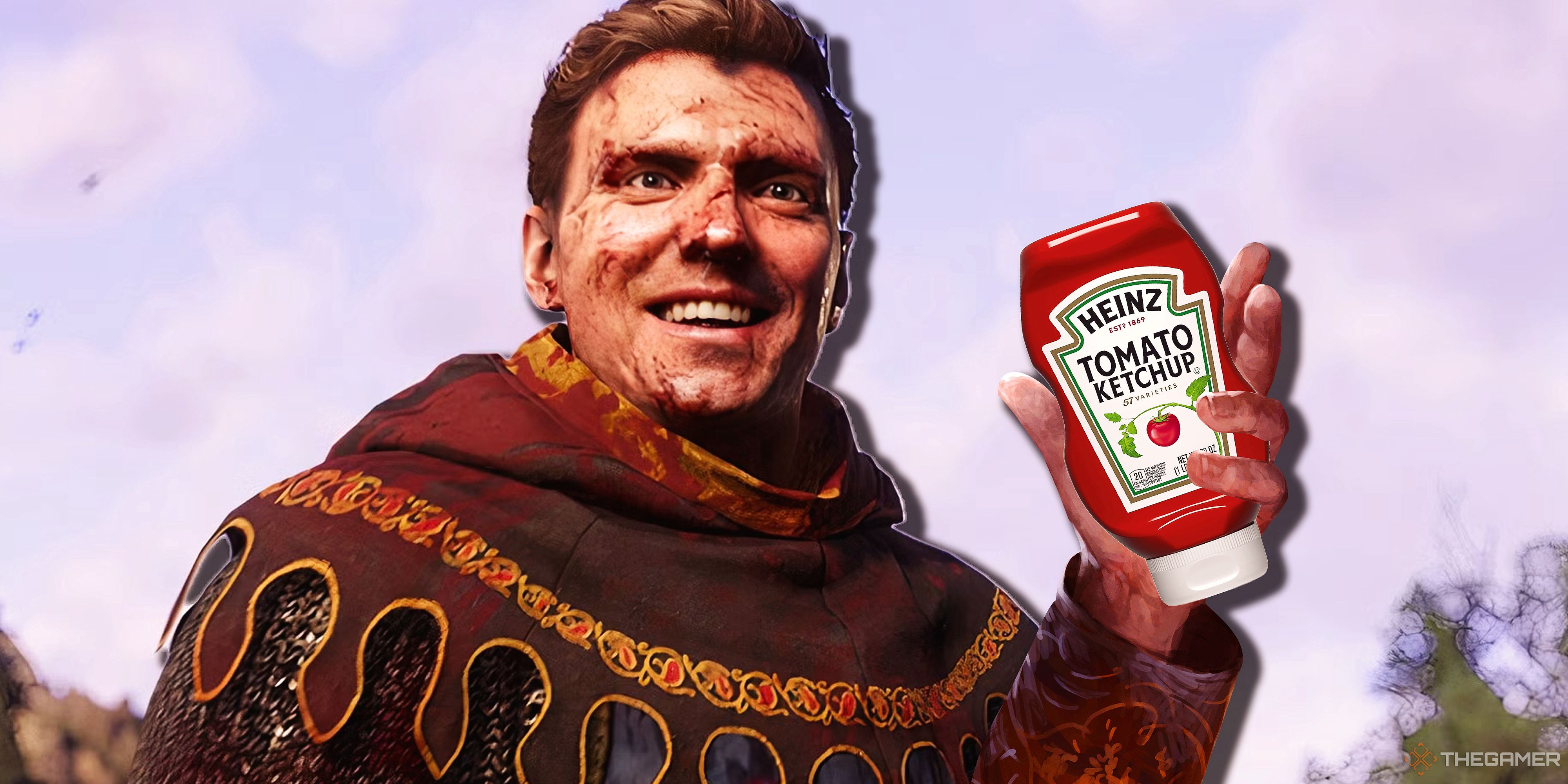 Henry of Skalitz from Kingdom Come: Deliverance 2 covered in blood and holding up a ketchup bottle.