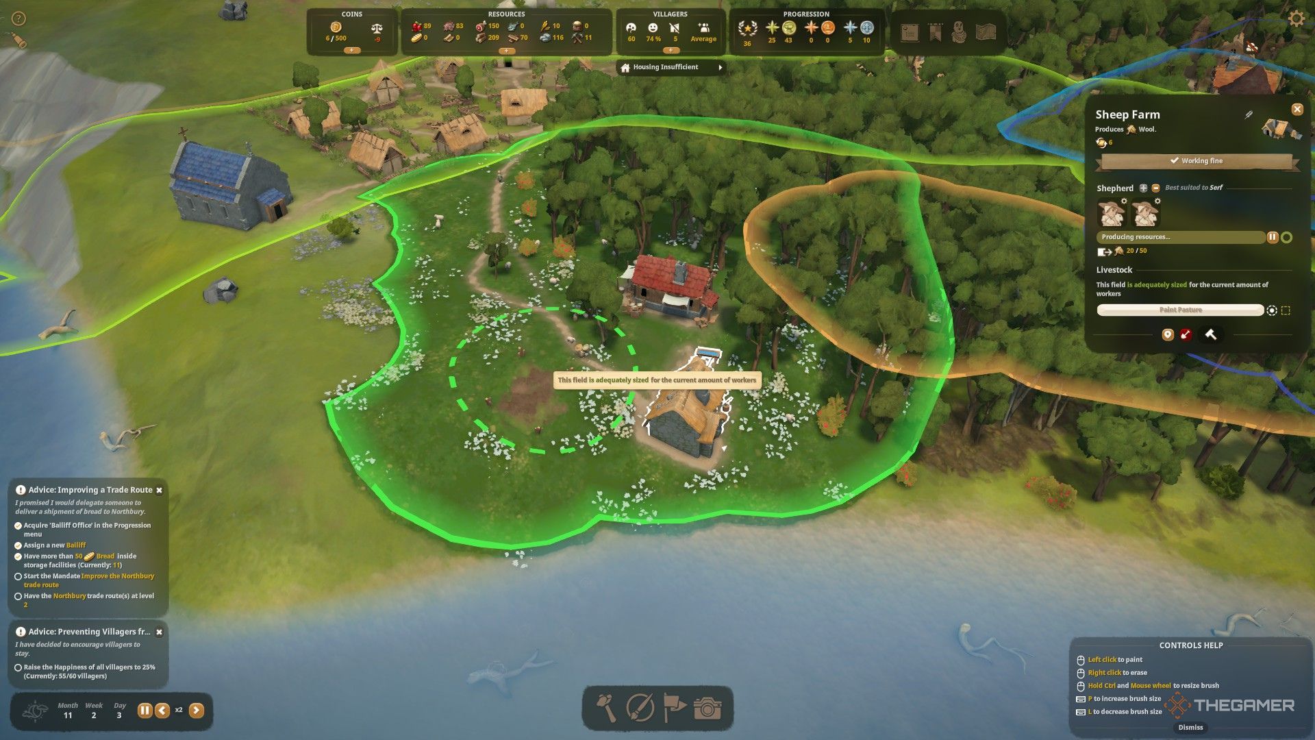 The image shows the player painting the pasture area in Foundation.