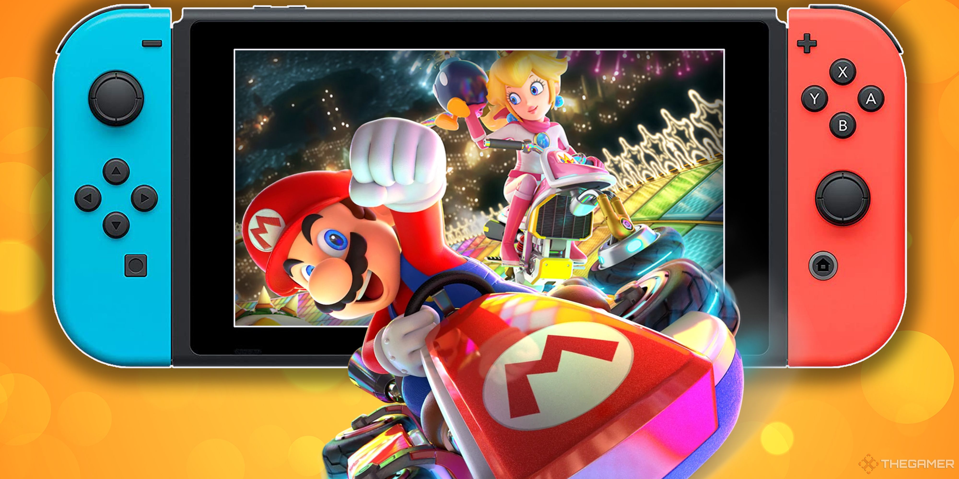 Mario bursts from a Nintendo Switch screen with Princess Peach on Rainbow Road behind him. 