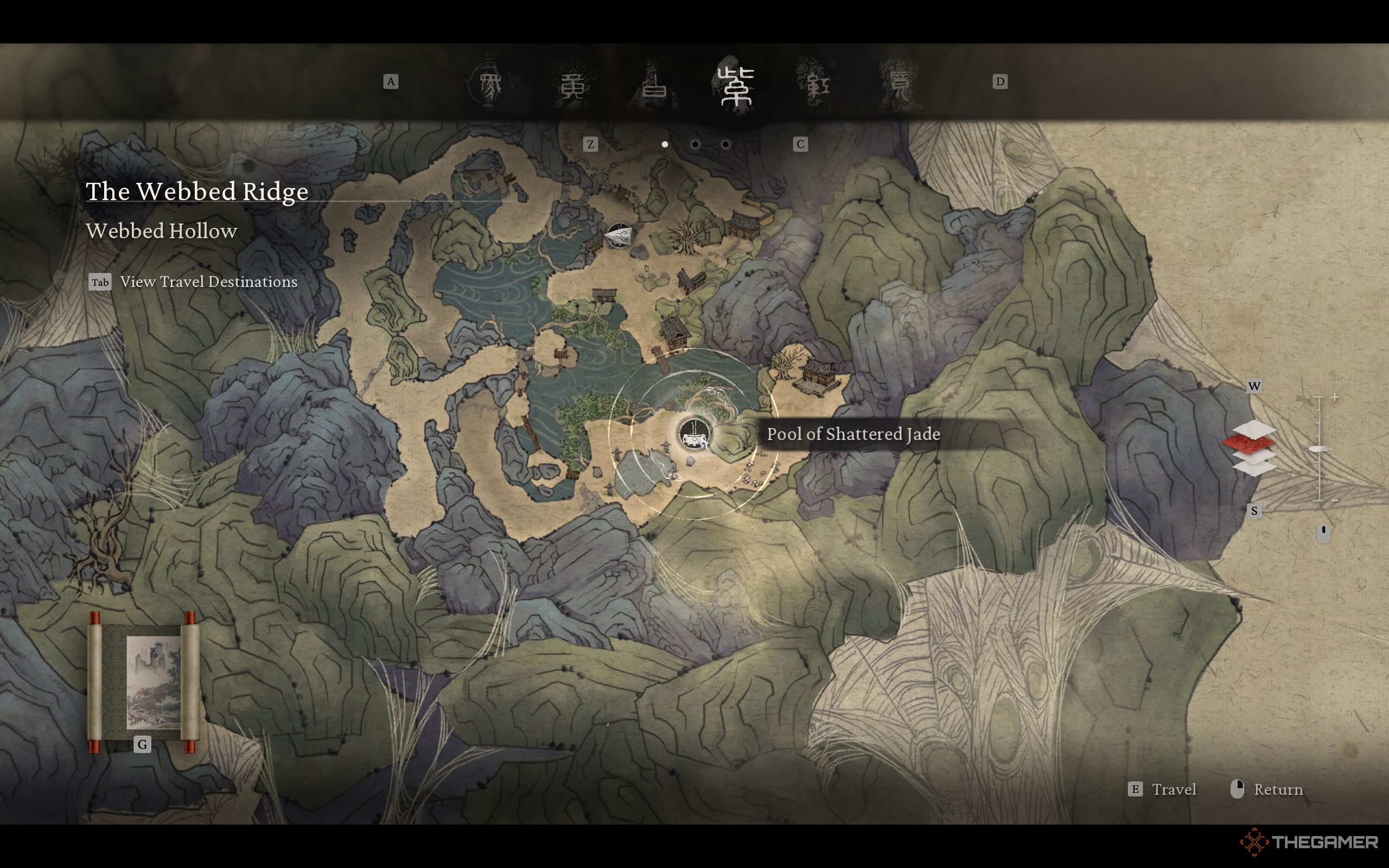 Pool of Shattered Jade shrine&rsquo;s location on the game&rsquo;s map. It&rsquo;s near the Upper Hollow shrine.