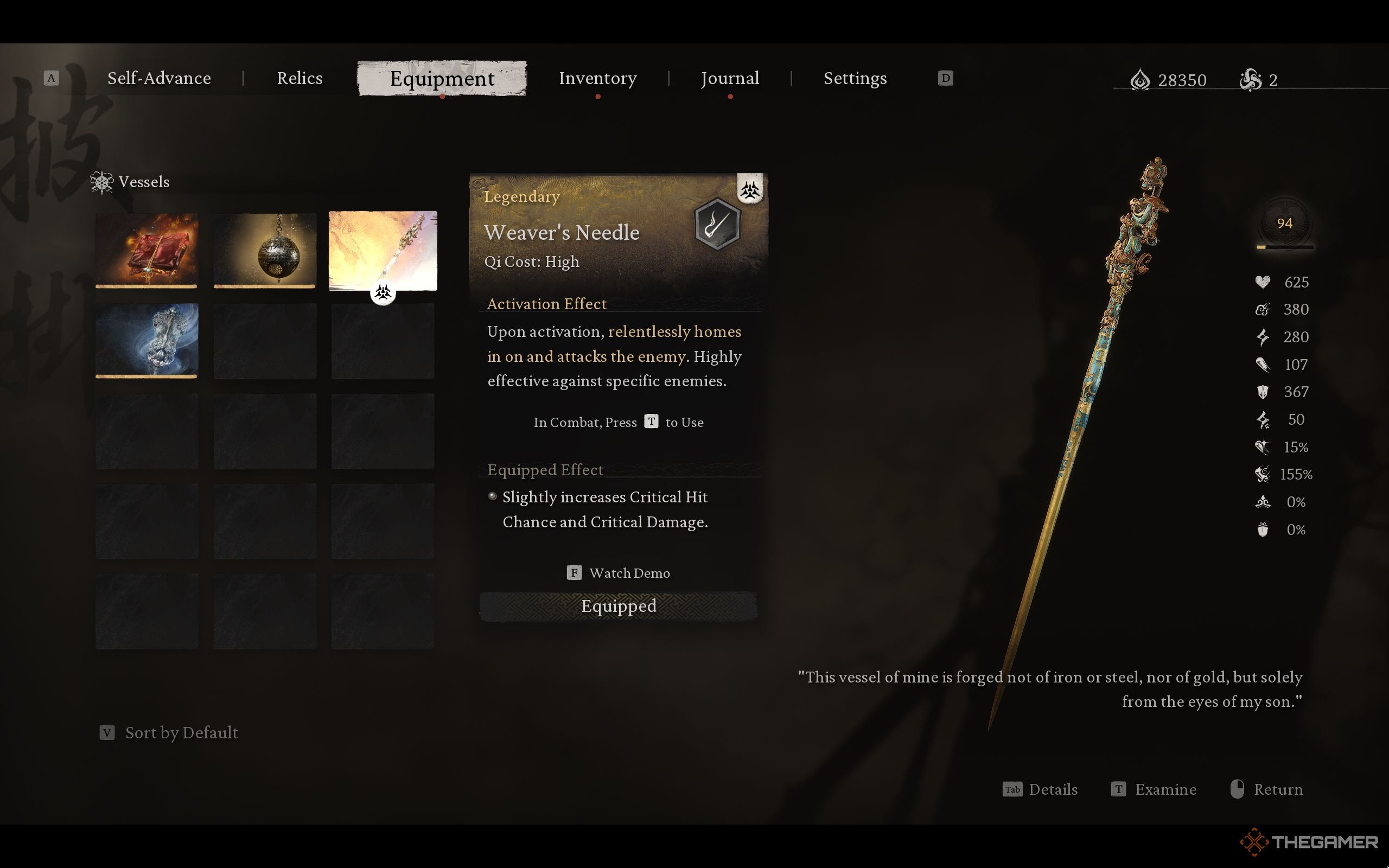 The in-game description of the Weaver&rsquo;s Needle with its stats and effects.