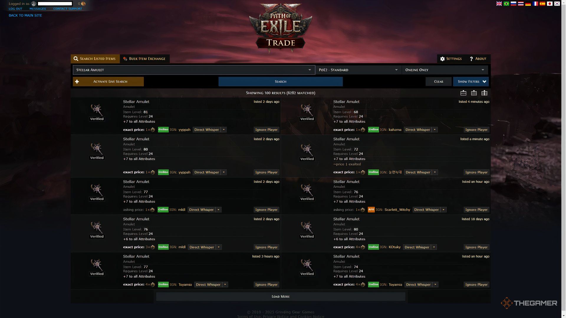 Player using the official Trade Website to buy Stellar Amulets (Normal) to gamble in Path of Exile 2.