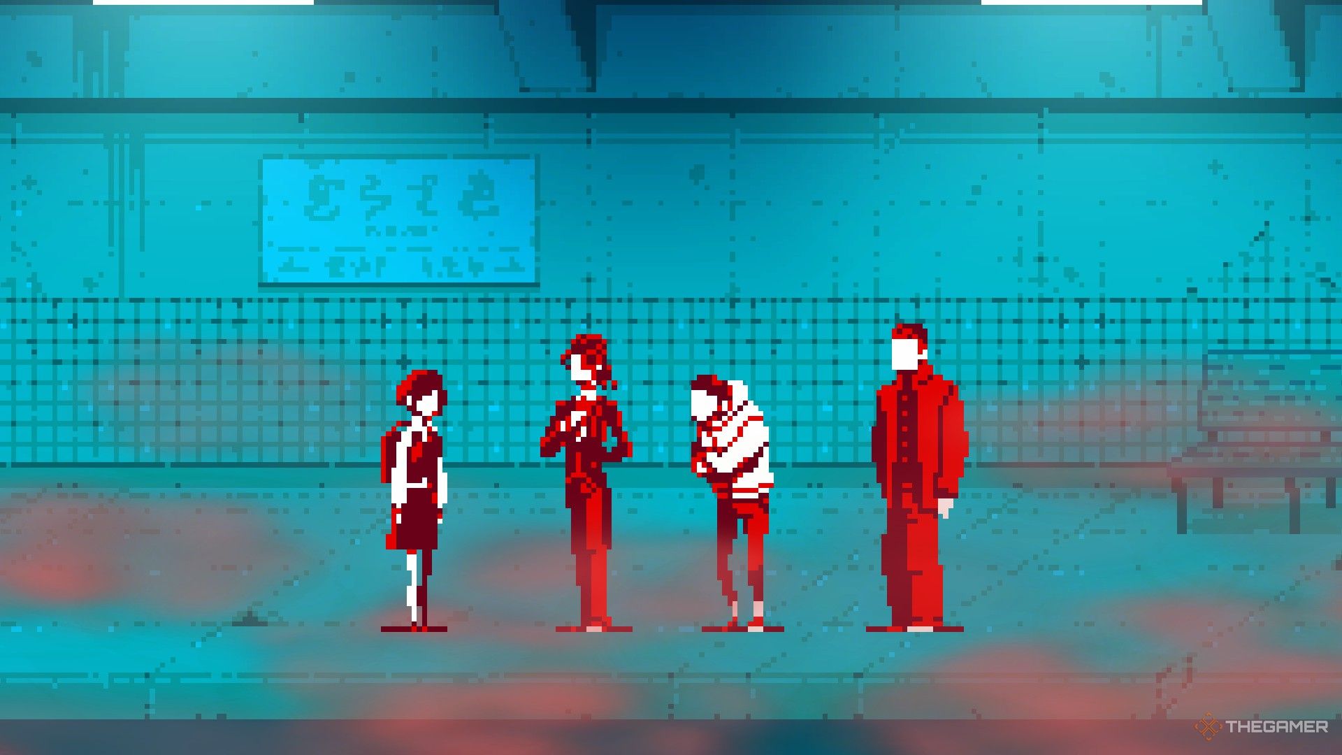 Azami, Gasmask, Matsuda and the tour guide arrives to the station that is filled with poisonous gas in Urban Myth Dissolution Center.