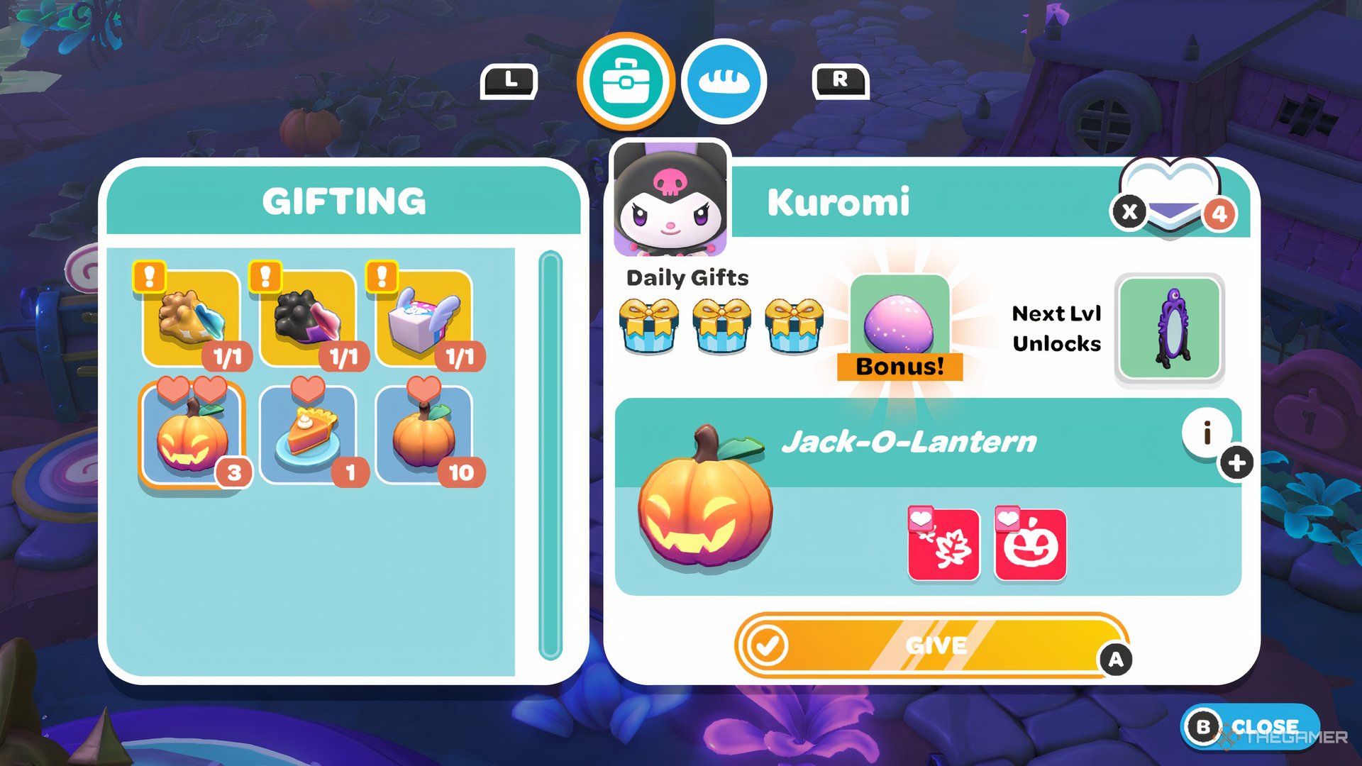 Gifting menu for Kuromi showing a variety of items she wants and focusing on a Jack-o-Lantern in Hello Kitty Island Adventure.