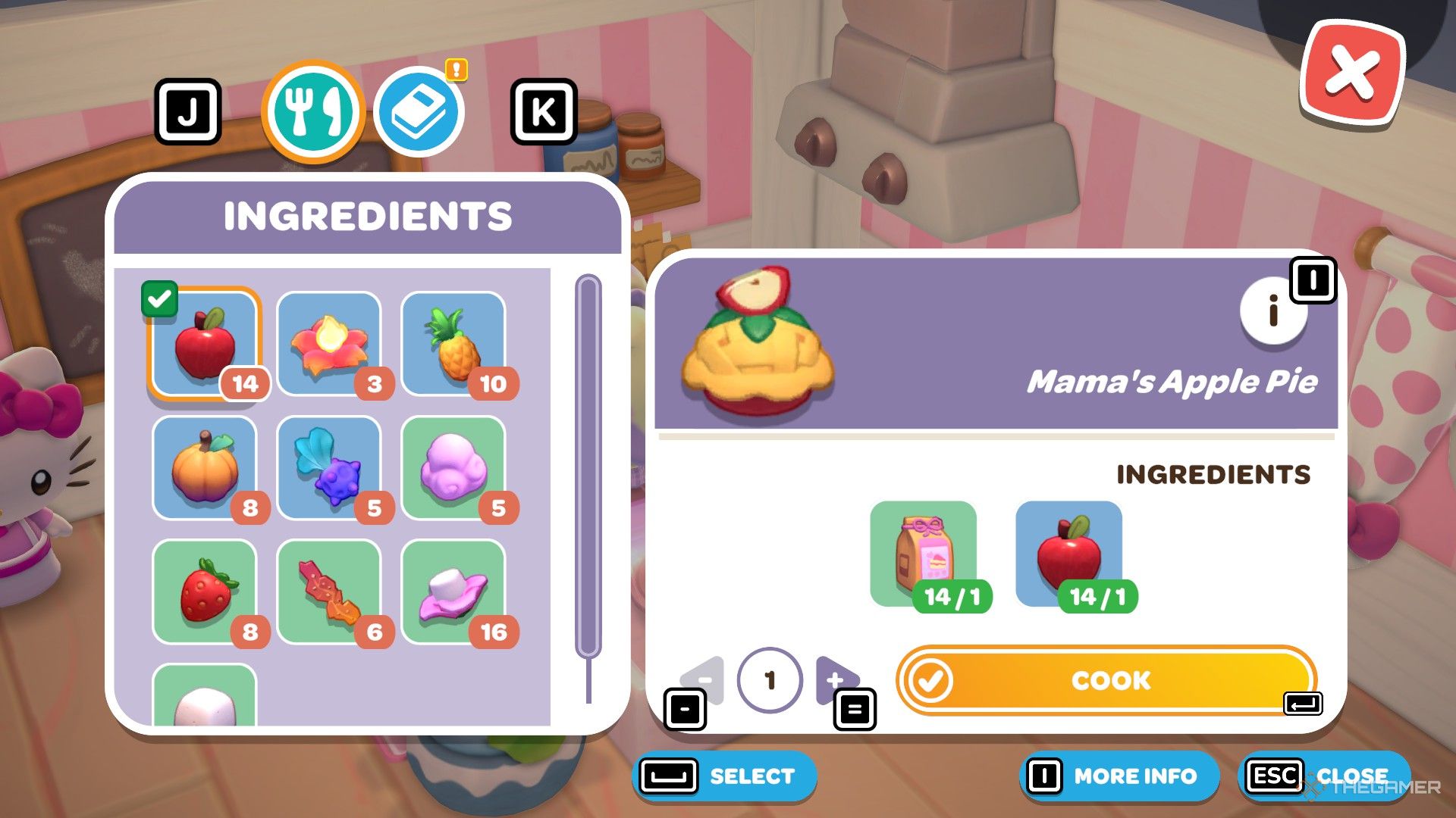 The recipe for Mama's Apple Pie is shown in Hello Kitty Island Adventure.