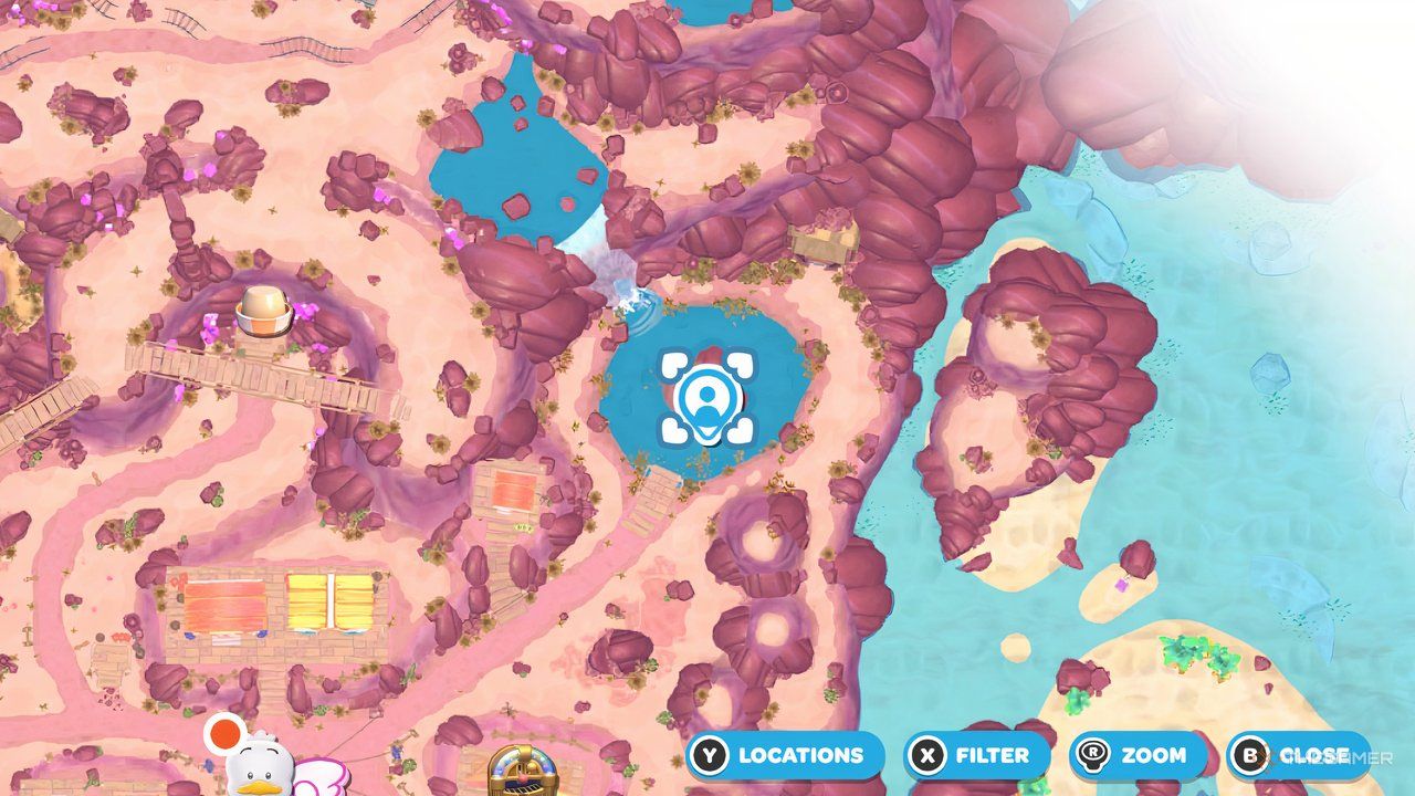 Close up view of the northeastern corner of Gemstone Mountain with a player map icon over the third Power Crystal Location in Hello Kitty Island Adventure.