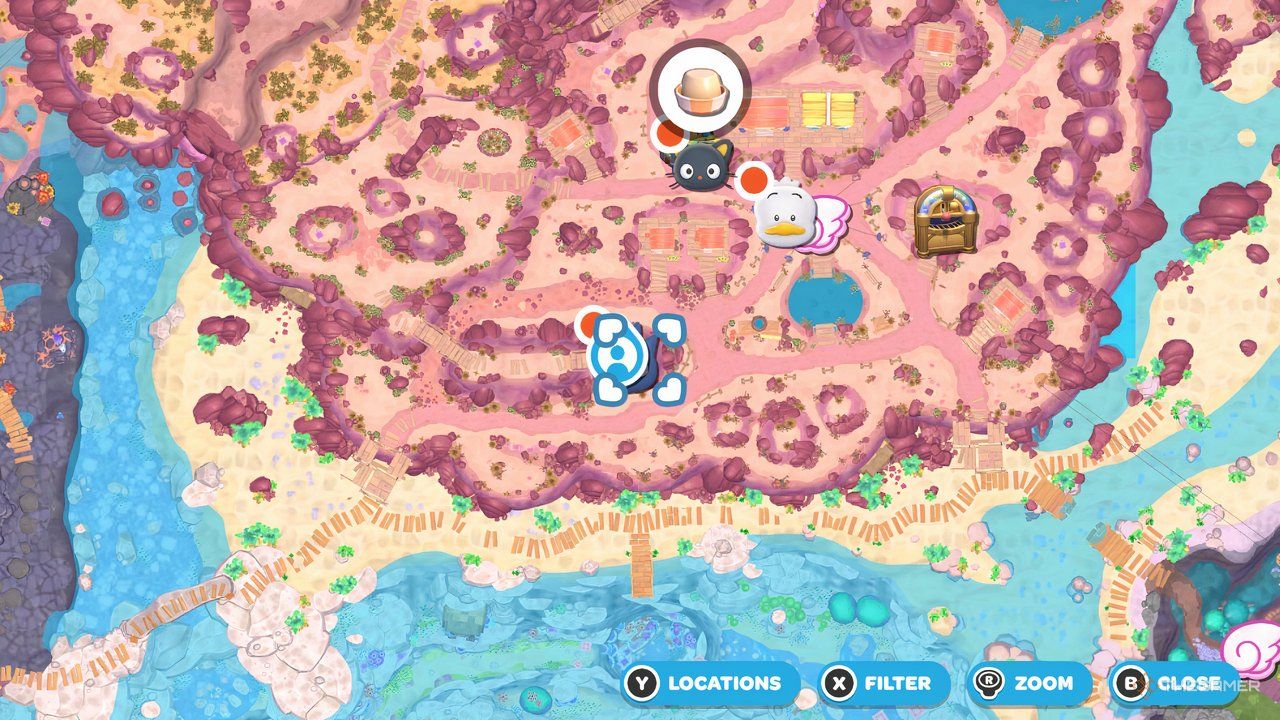 Map of the southern edge of Gemstone Mountain with a player map icon over the second Power Crystal in Hello Kitty Island Adventure.