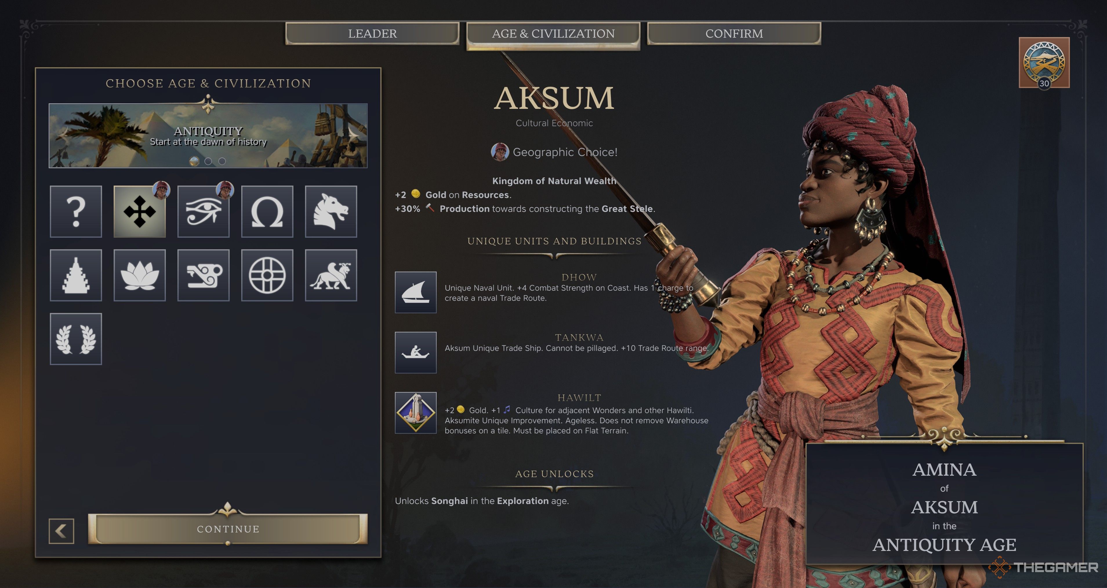 Amina&rsquo;s Aksum Selection Screen in Civilization 7