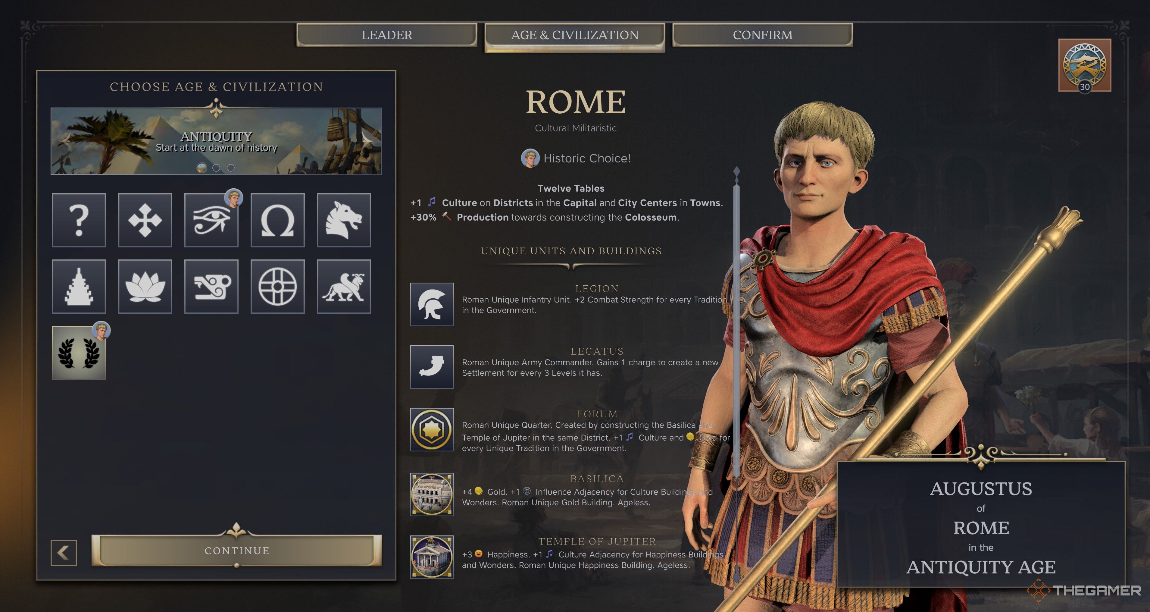 Augustus' Rome Selection Screen in Civilization 7