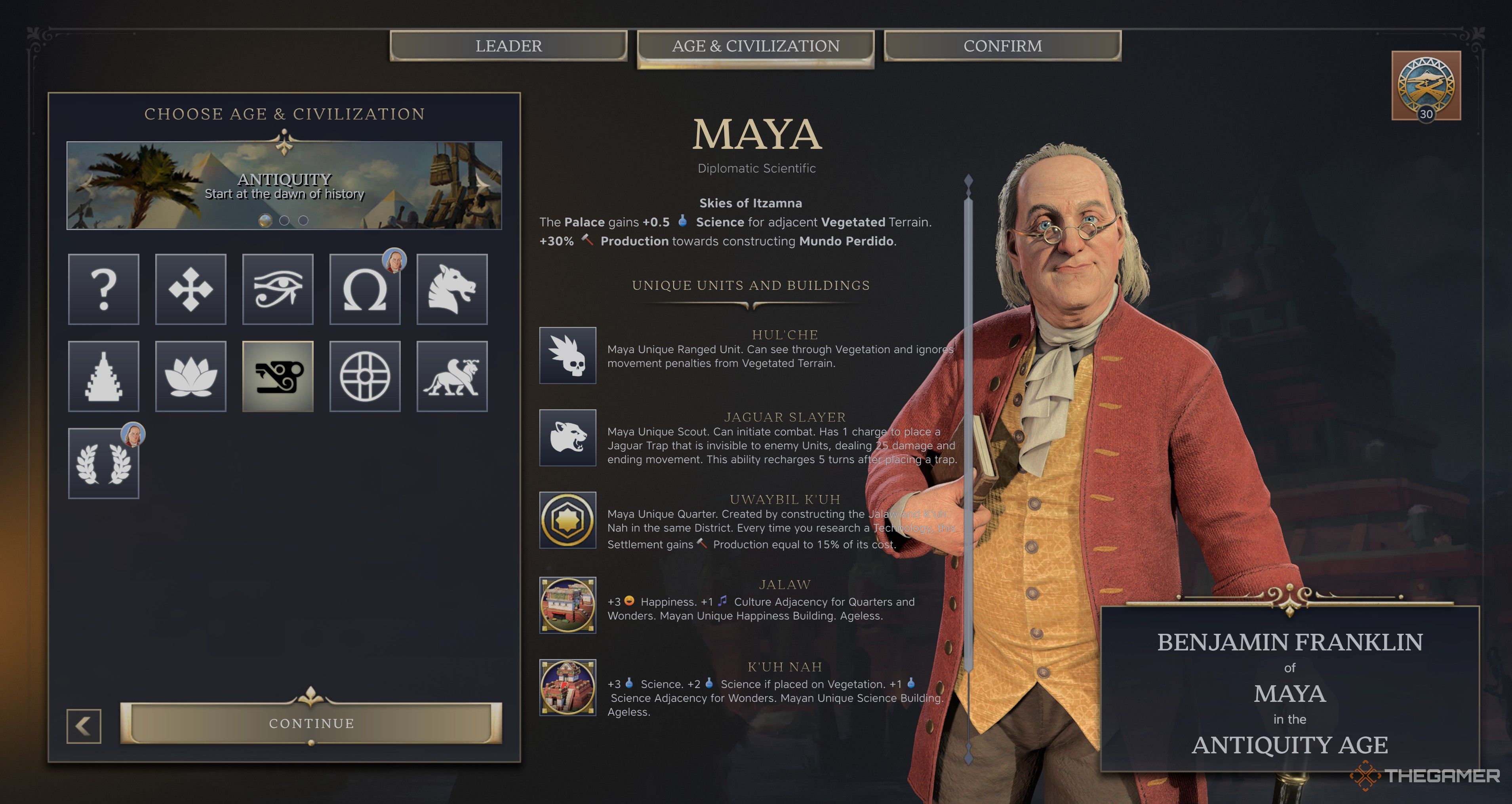 Benjamin Franklin standing in the Maya selection screen in Civilization 7.