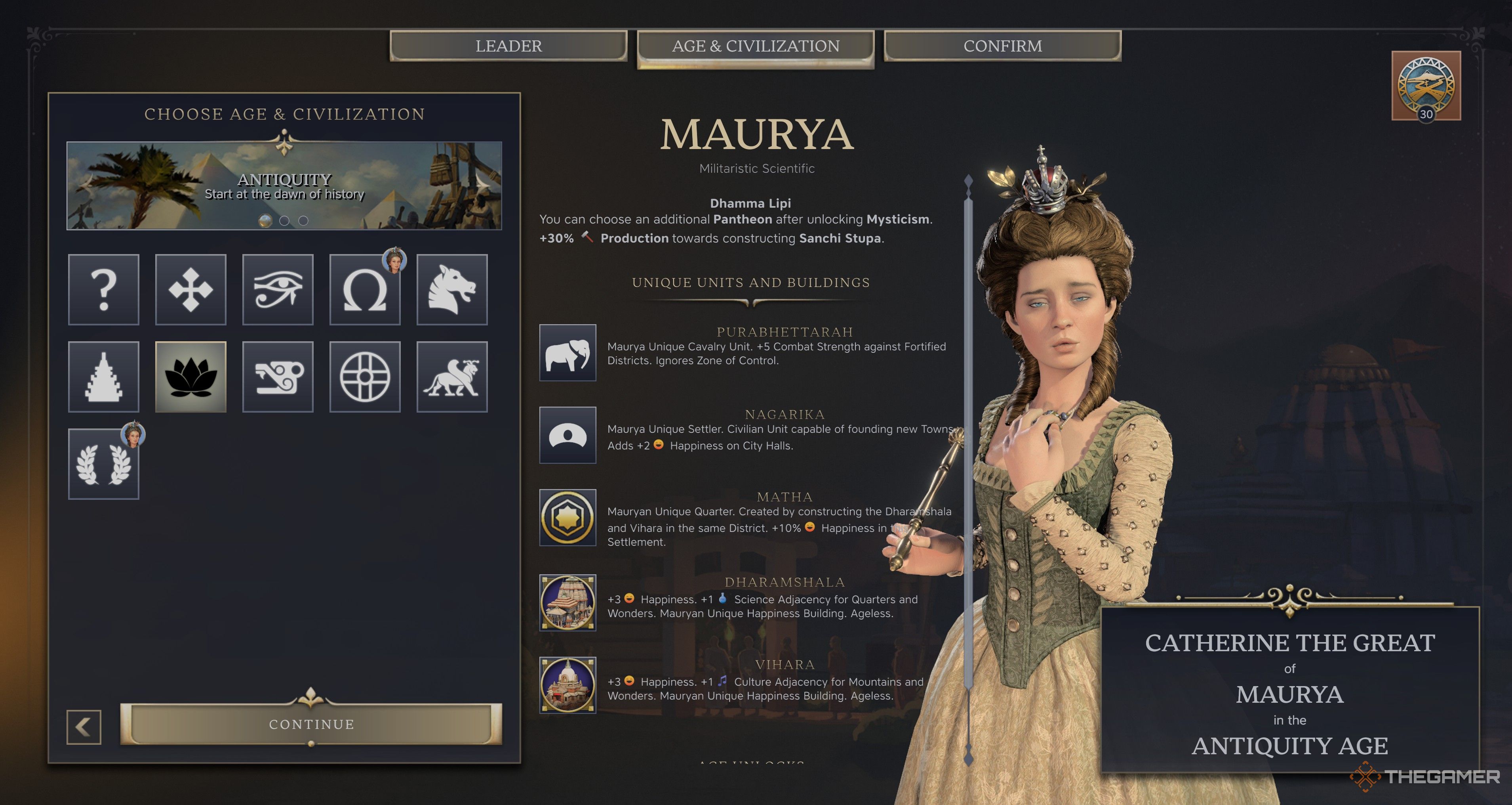 Catherine the Great standing in the Maurya selection screen in Civilization 7.