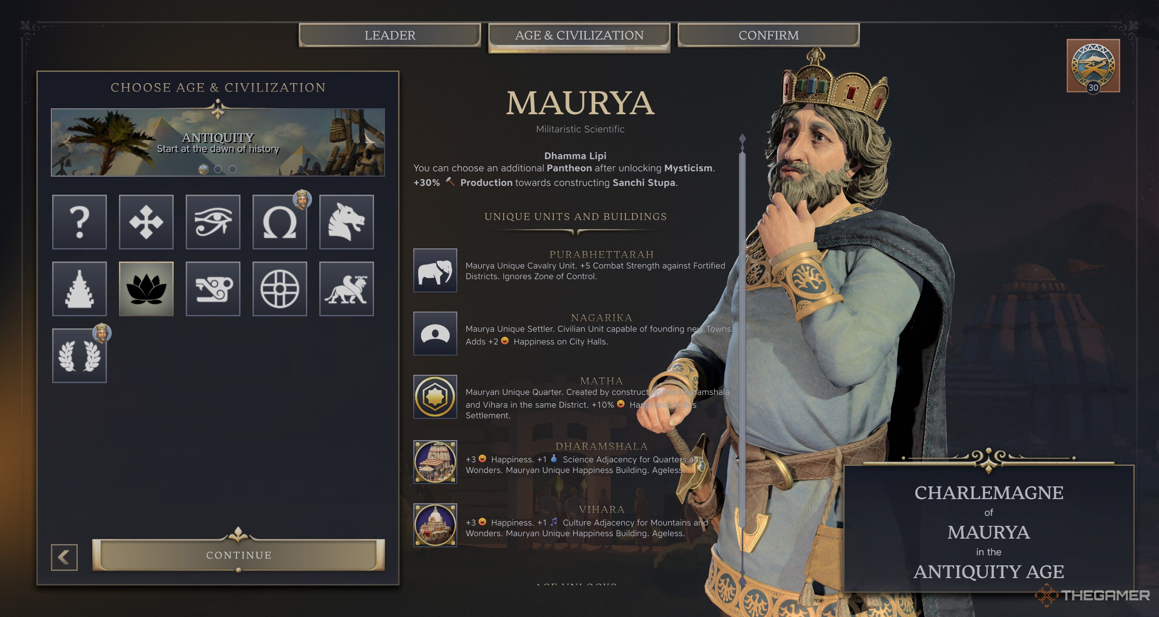 Charlemagne&rsquo;s Maurya Selection Screen in Civilization 7