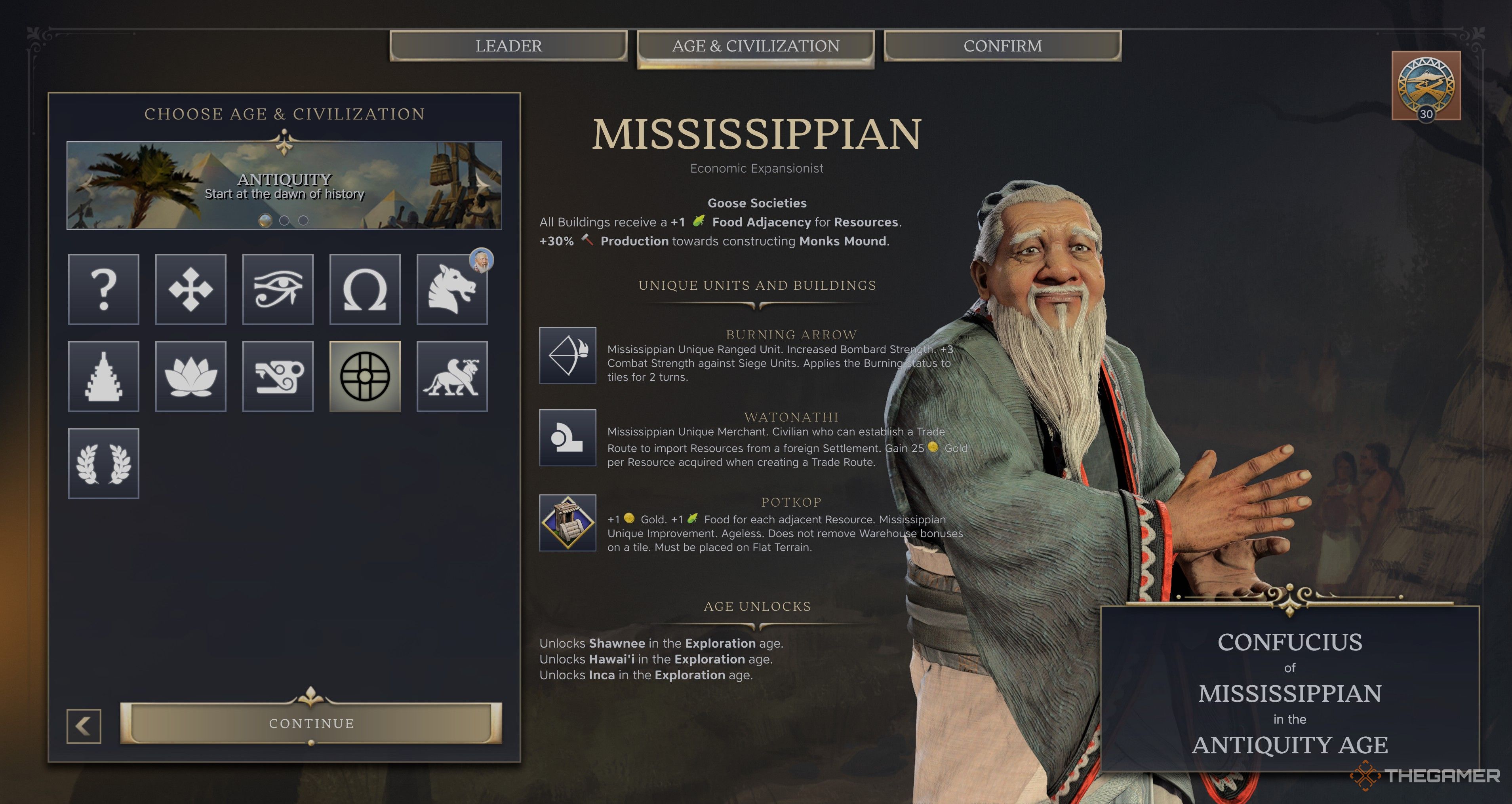 Confucius standing in the Mississippian selection screen in Civilization 7.