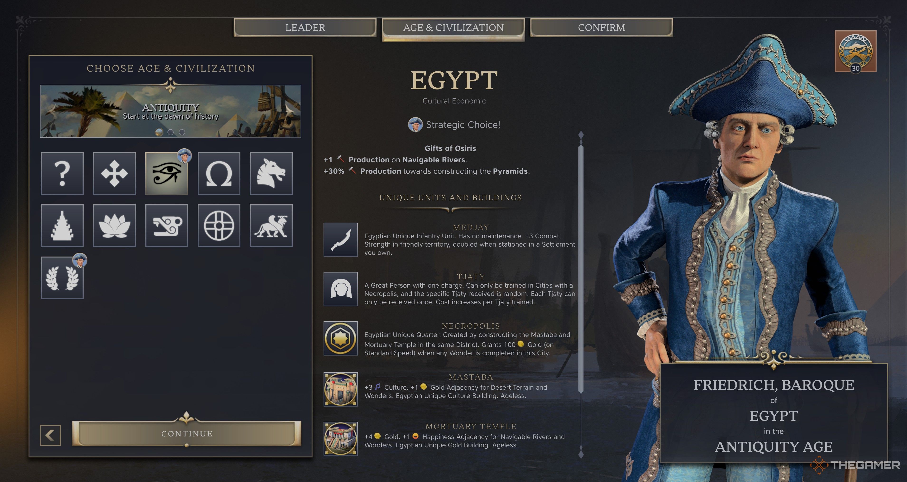 Friedrich, Baroque&rsquo;s Egypt Selection Screen in Civilization 7