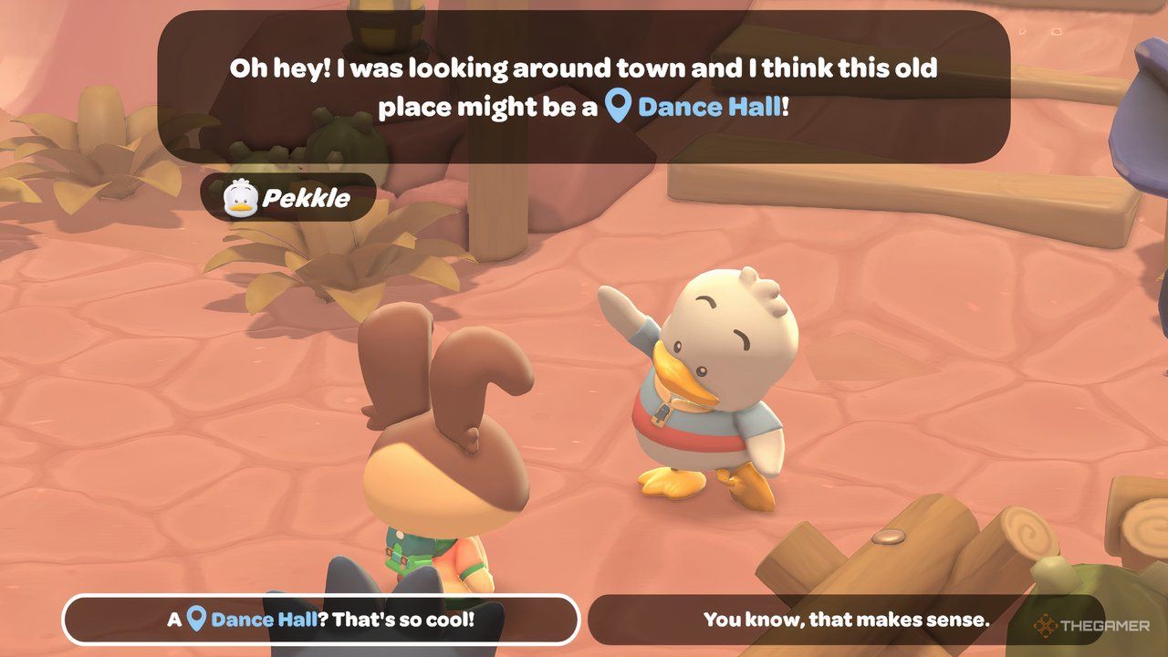 Player avatar speaking to Pekkle at Gemstone Mountain about the old dance hall in Hello Kitty Island Adventure.