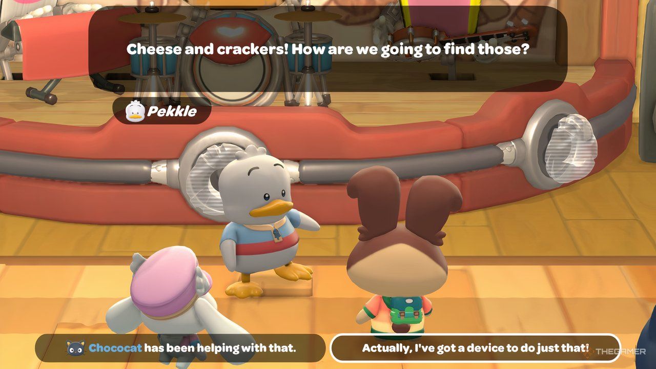 Player avatar telling Pekkle they can find Power Crystals with Chococat's help in Hello Kitty Island Adventure.