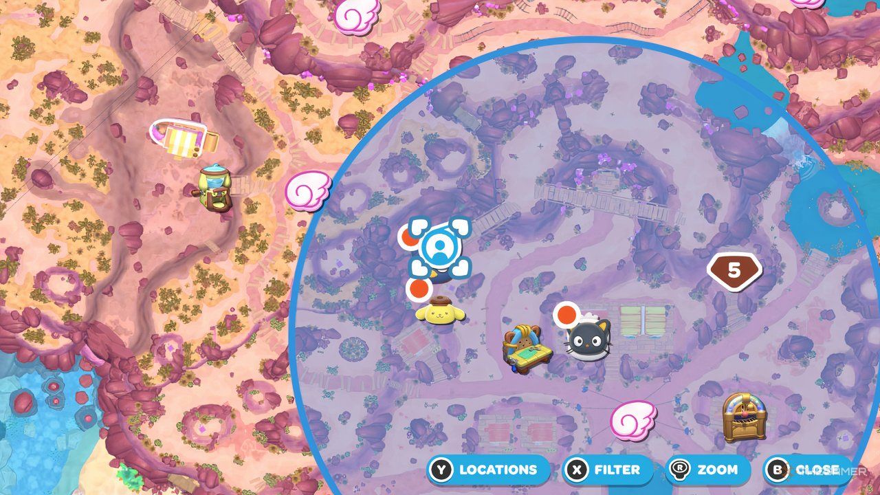 Close up view of the center of Gemstone Mountain with the player map icon over a Power Crystal location in Hello Kitty Island Adventure.