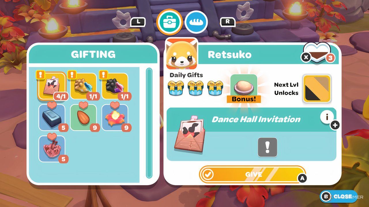 Player avatar gifting a Dance Hall Invitation to Retsuko at Mount Hothead in Hello Kitty Island Adventure.