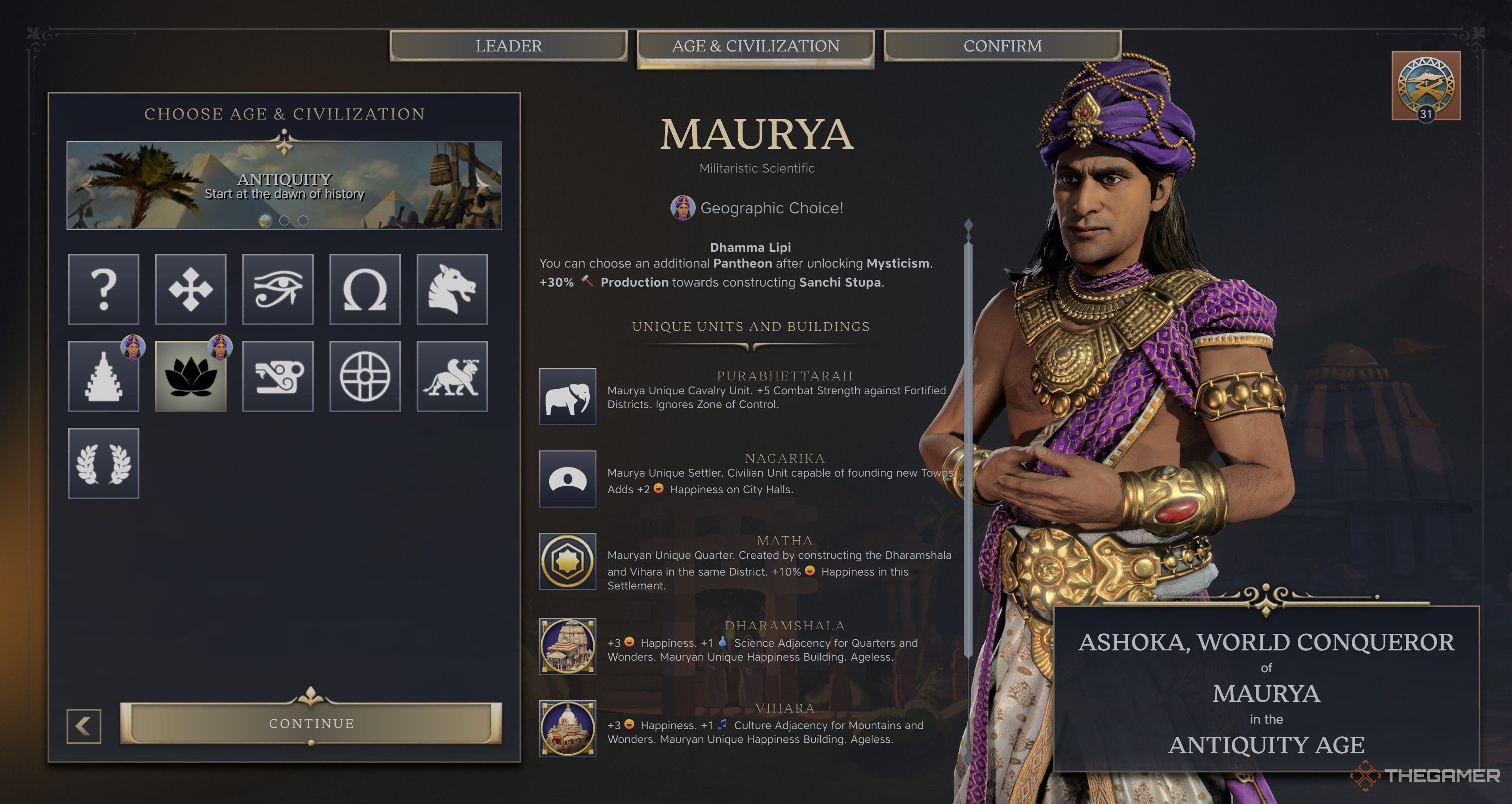 Ashoka, World Conqueror&rsquo;s Maurya Selection Screen in Civilization 7