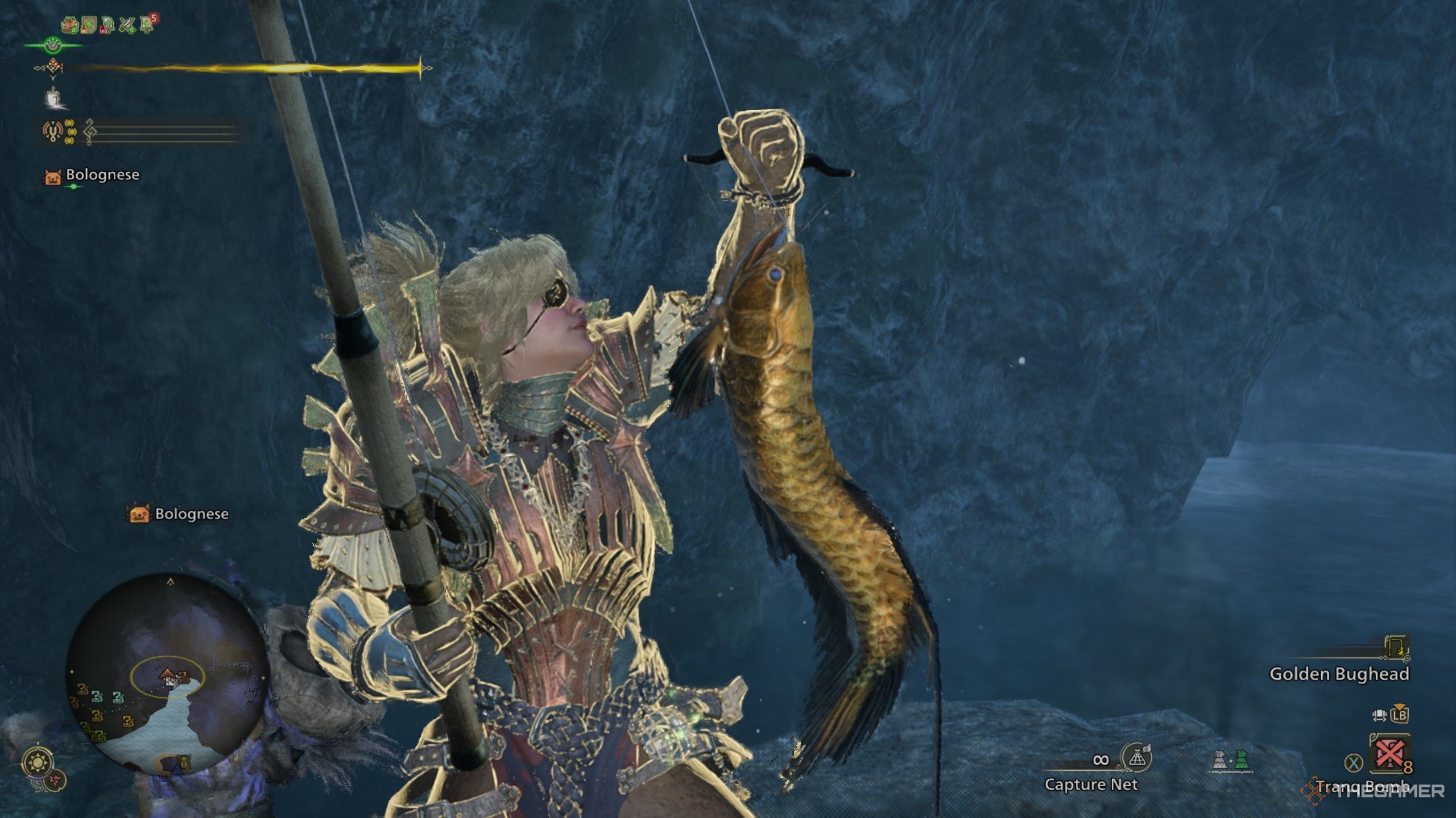 a hunter holding a shining goldenfish in their hand in monster hunter wilds.