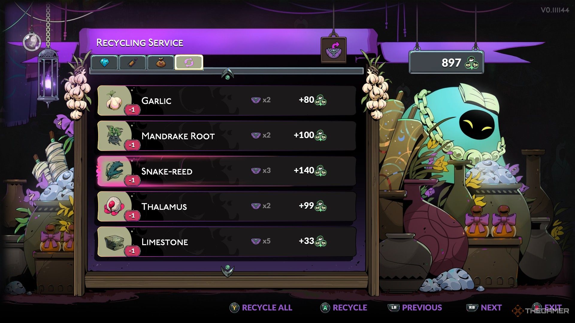 Melinoe looks at her harvested plants in the recycling service menu in Hades 2.