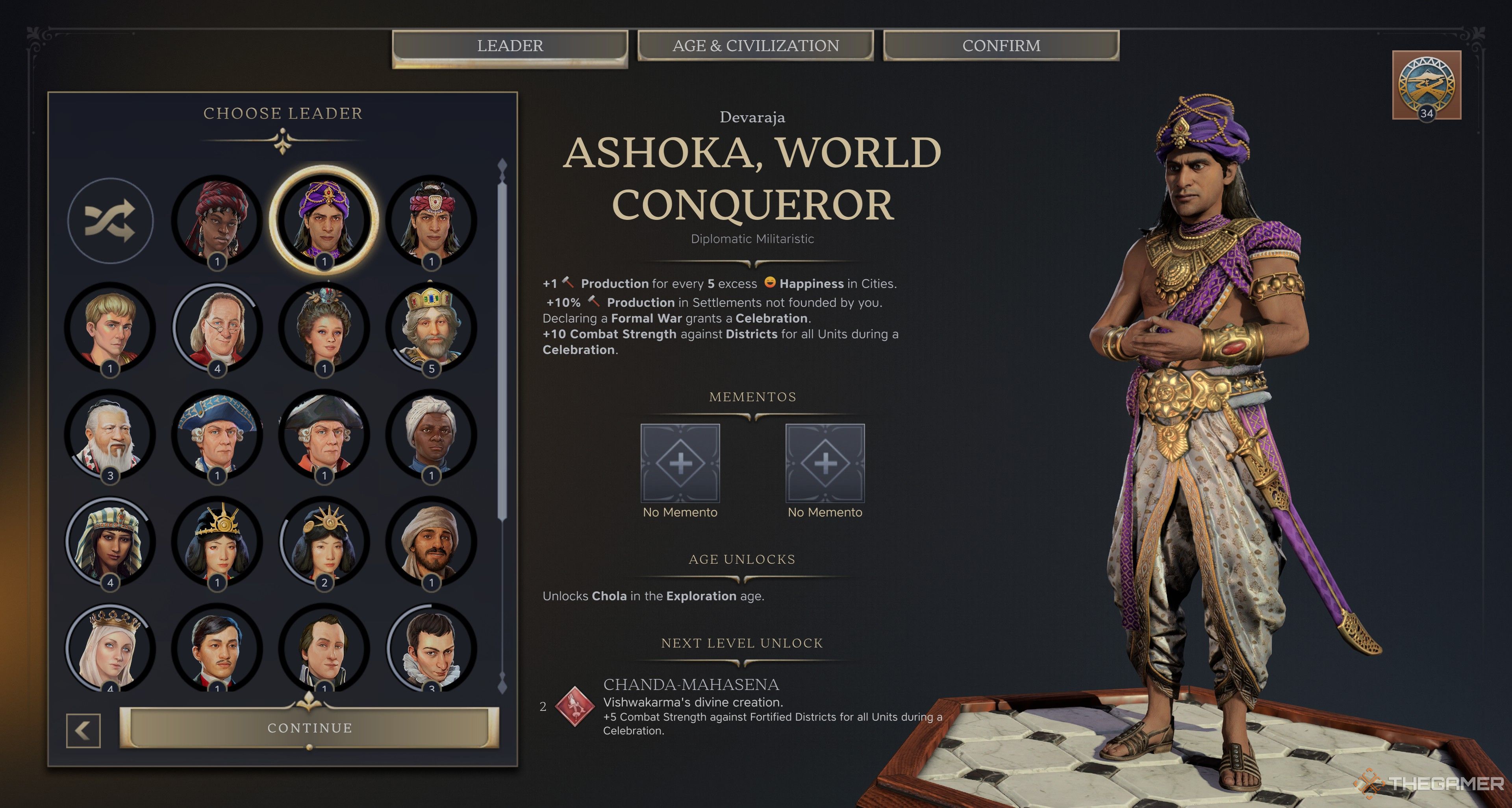 Ashoka, World Conqueror's selection screen in Civilization 7