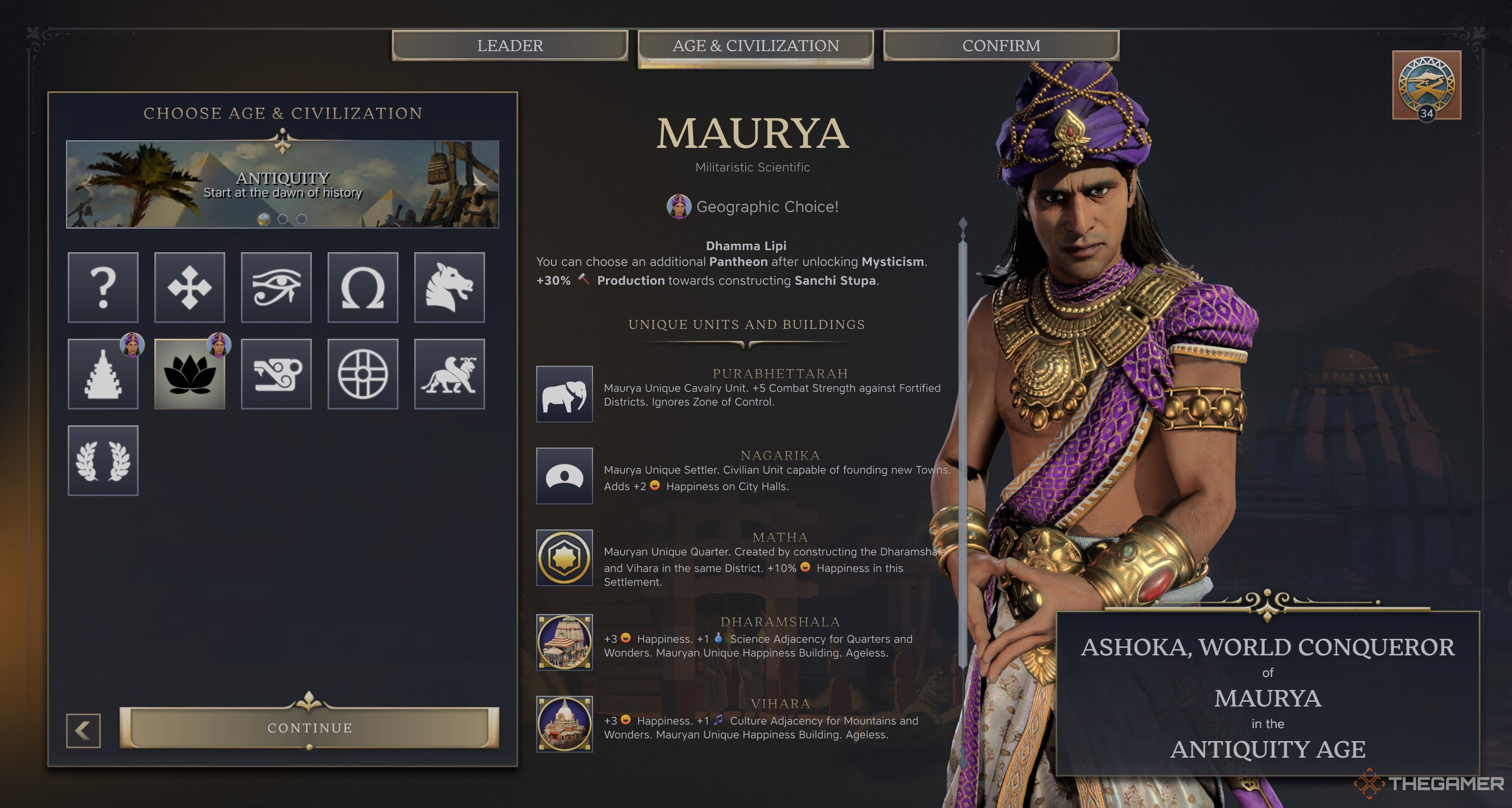 Ashoka, World Conqueror's civ select in Civilization 7