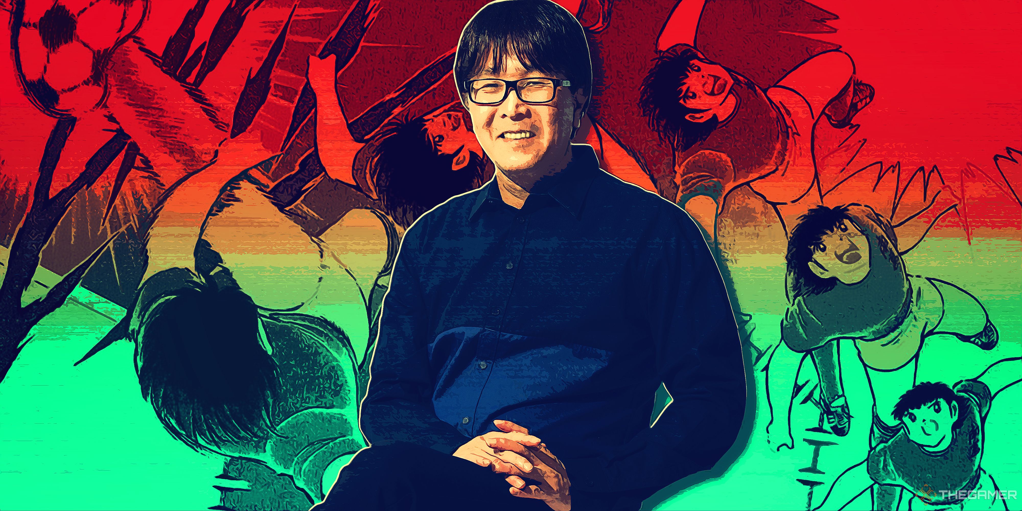 A mangaka showing Takahashi in the middle, smiling, with pages of Captain Tsubasa in the background.