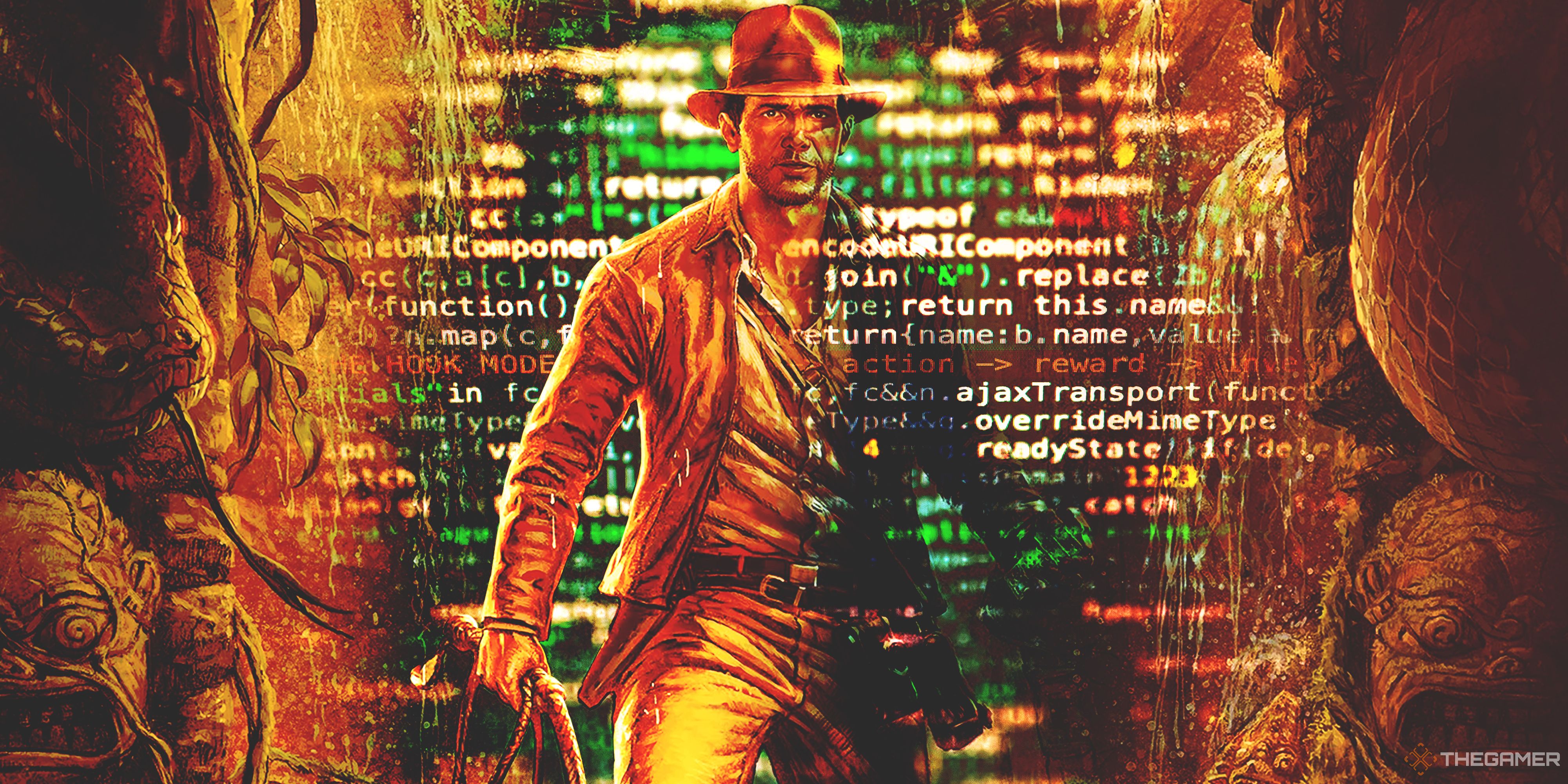  Indiana Jones from The Great Circle with computer code in the foreground and background.