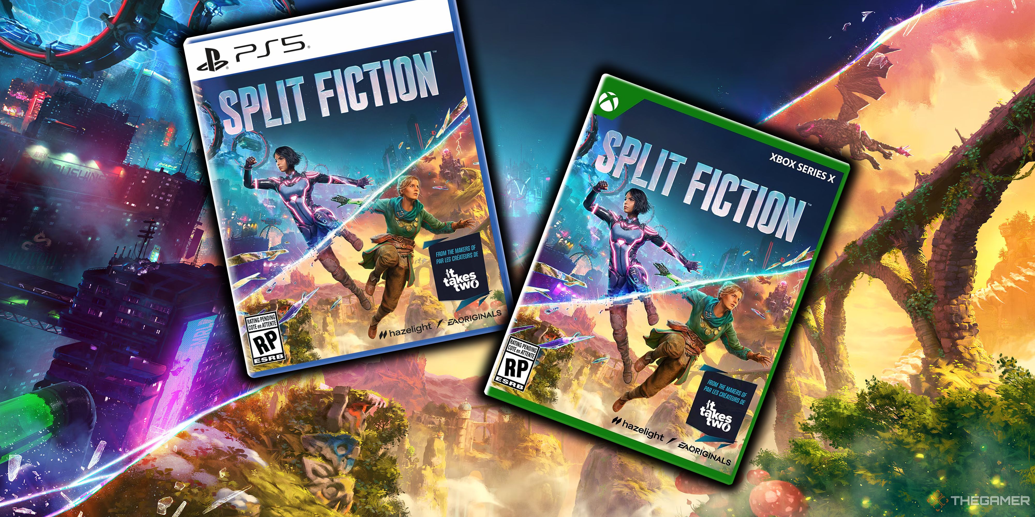 Split Fiction PS5 and Xbox Series copies, with a background split between fantasy and sci-fi.