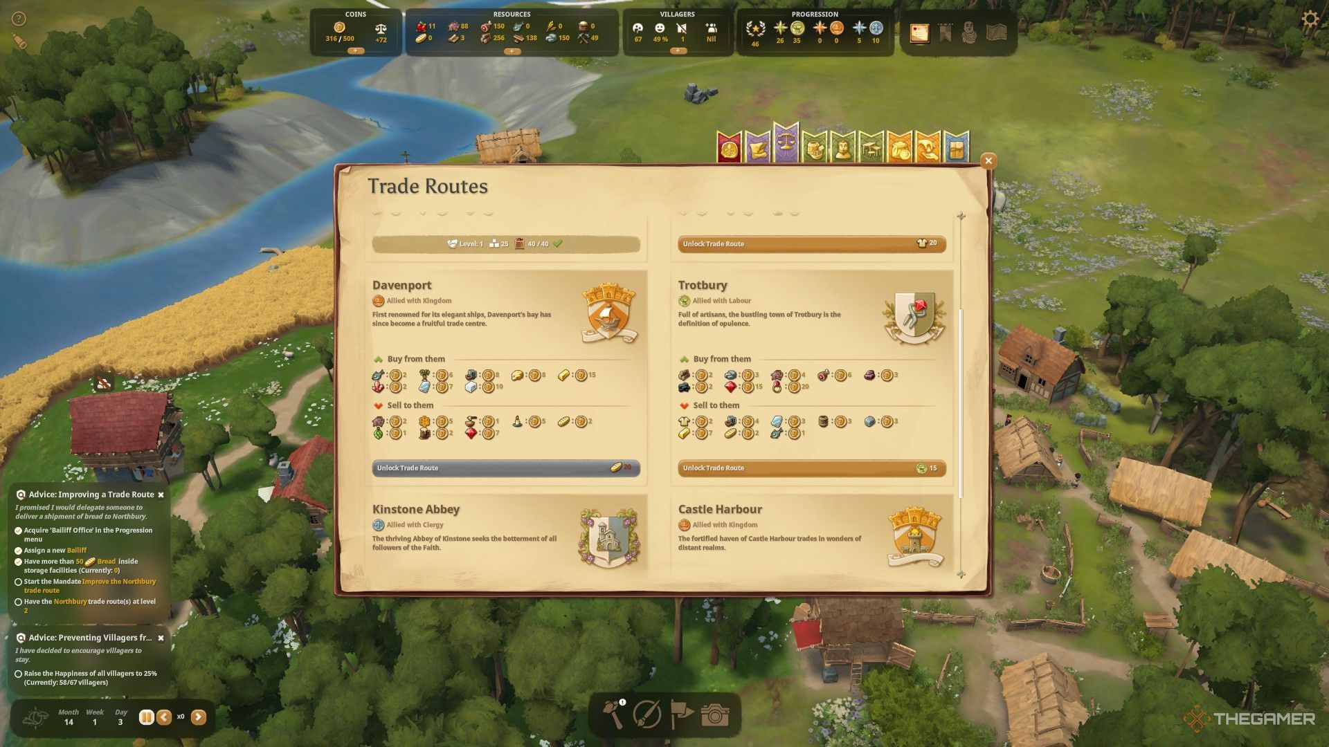 The picture shows the trade requirements of Davenport and Trotbury from the trade route menu in the foundation.