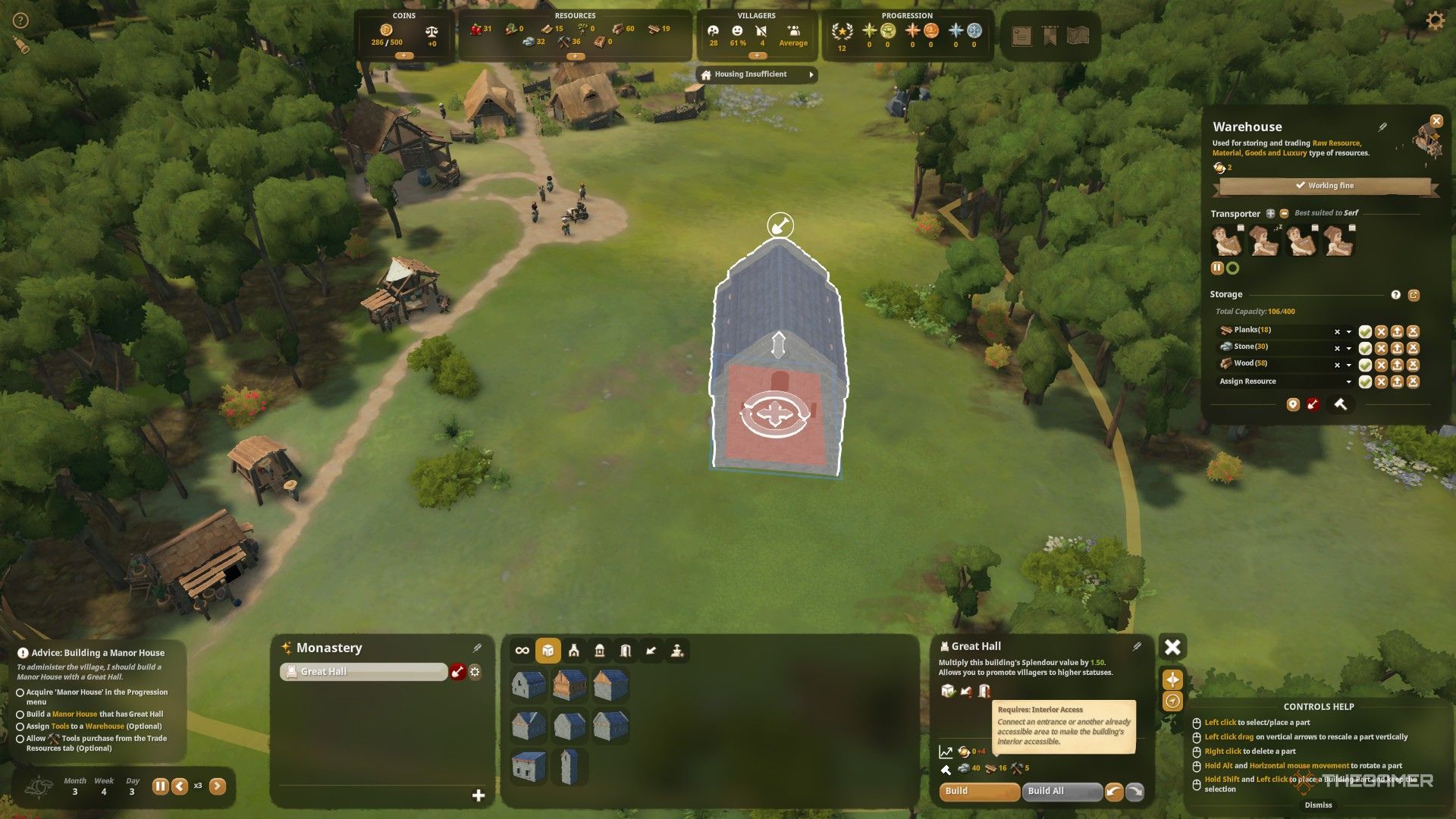 The image shows that the player is attaching sub-buildings to a monastery in Foundation.