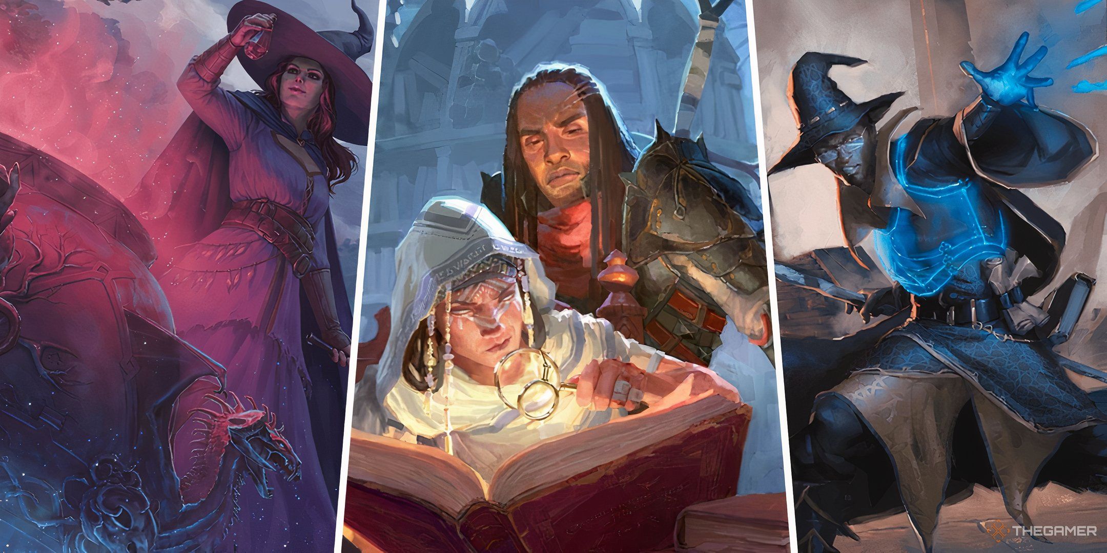 3 different spellcasters studying or using spells in a split image in Dungeons and Dragons