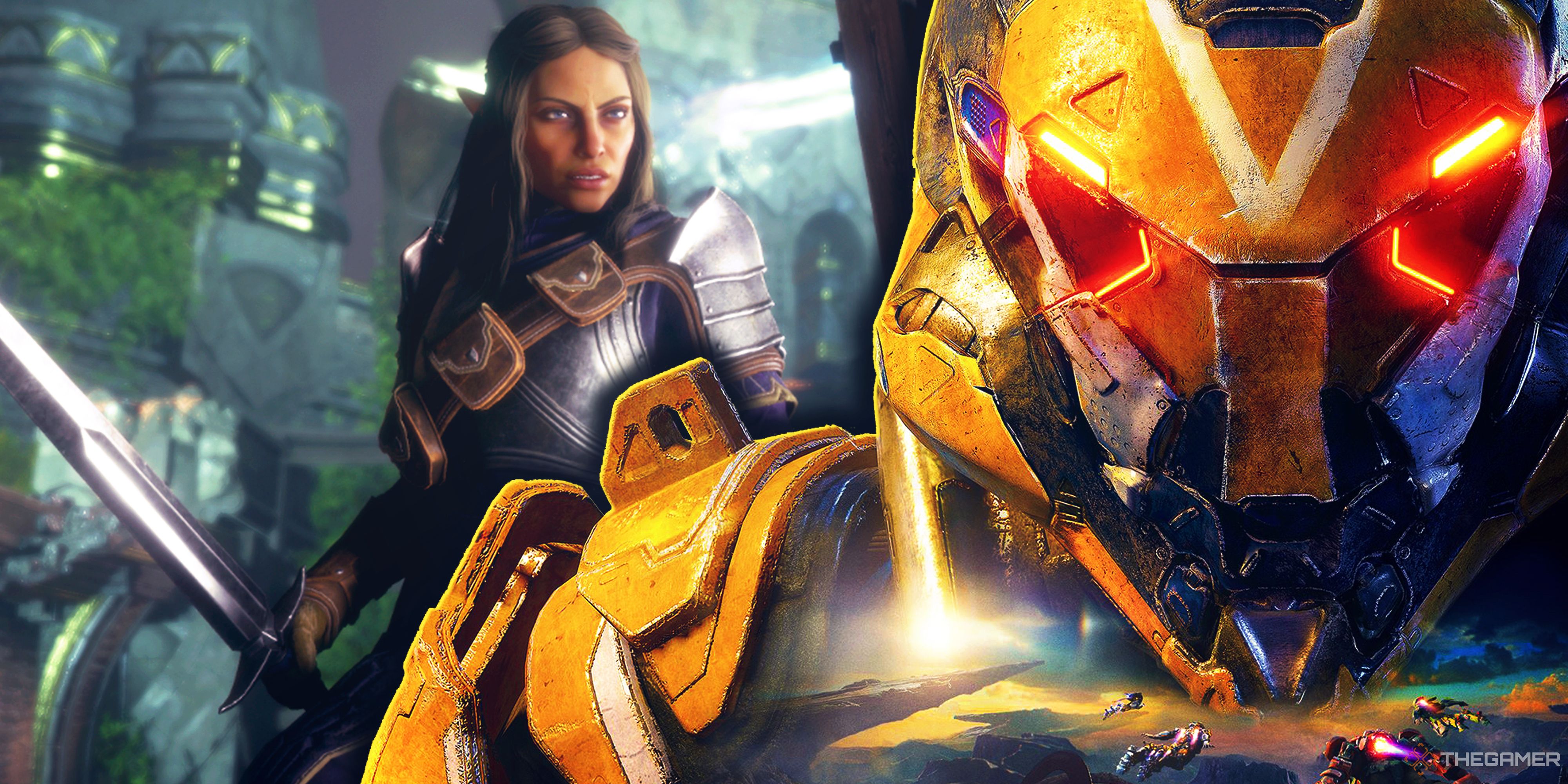 Collage image with a character from Dragon Age: The Veilguard and a Javelin from Anthem.