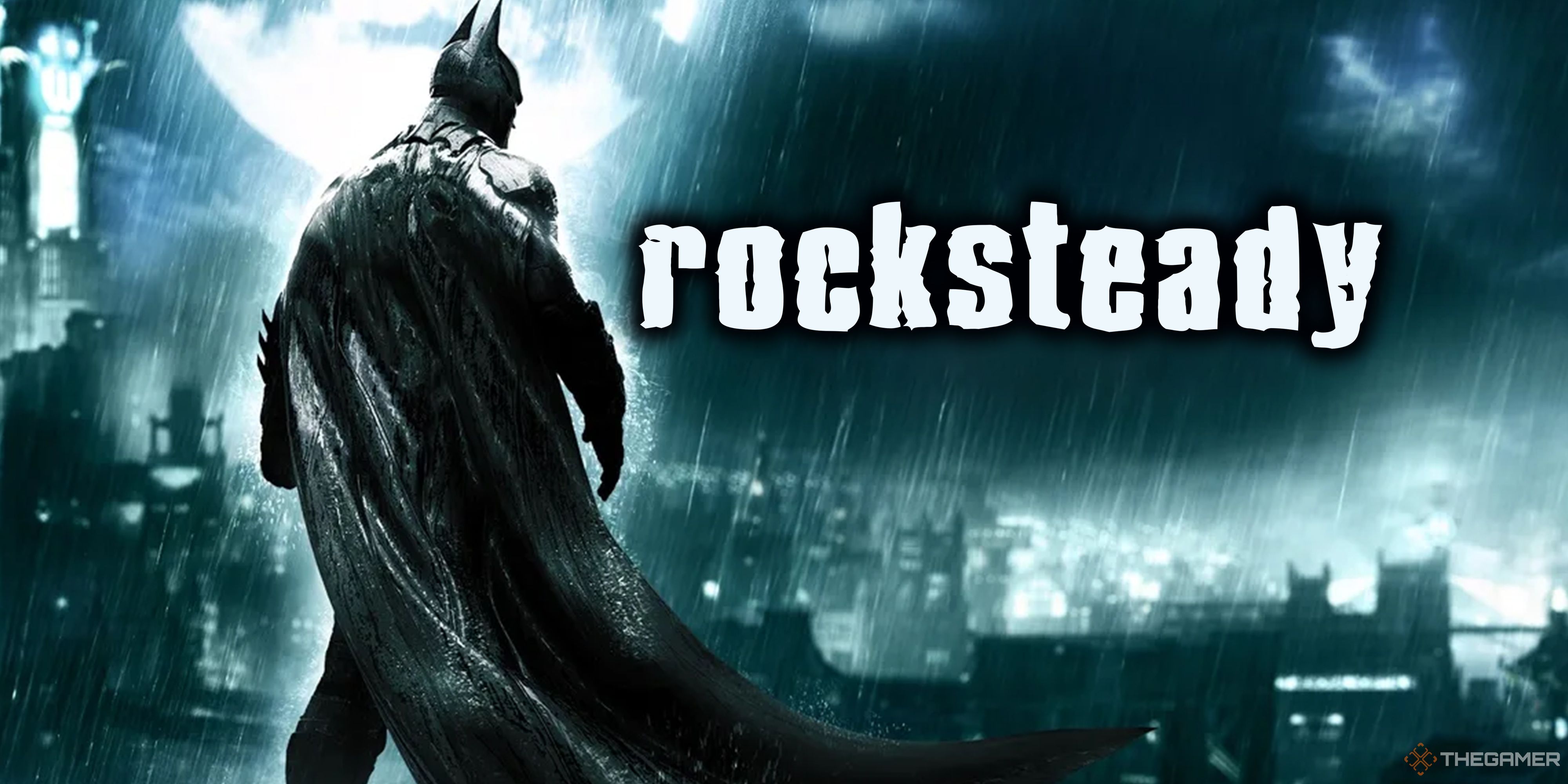 Batman looking out over Gotham City with the Rocksteady logo on the right side of the screen.