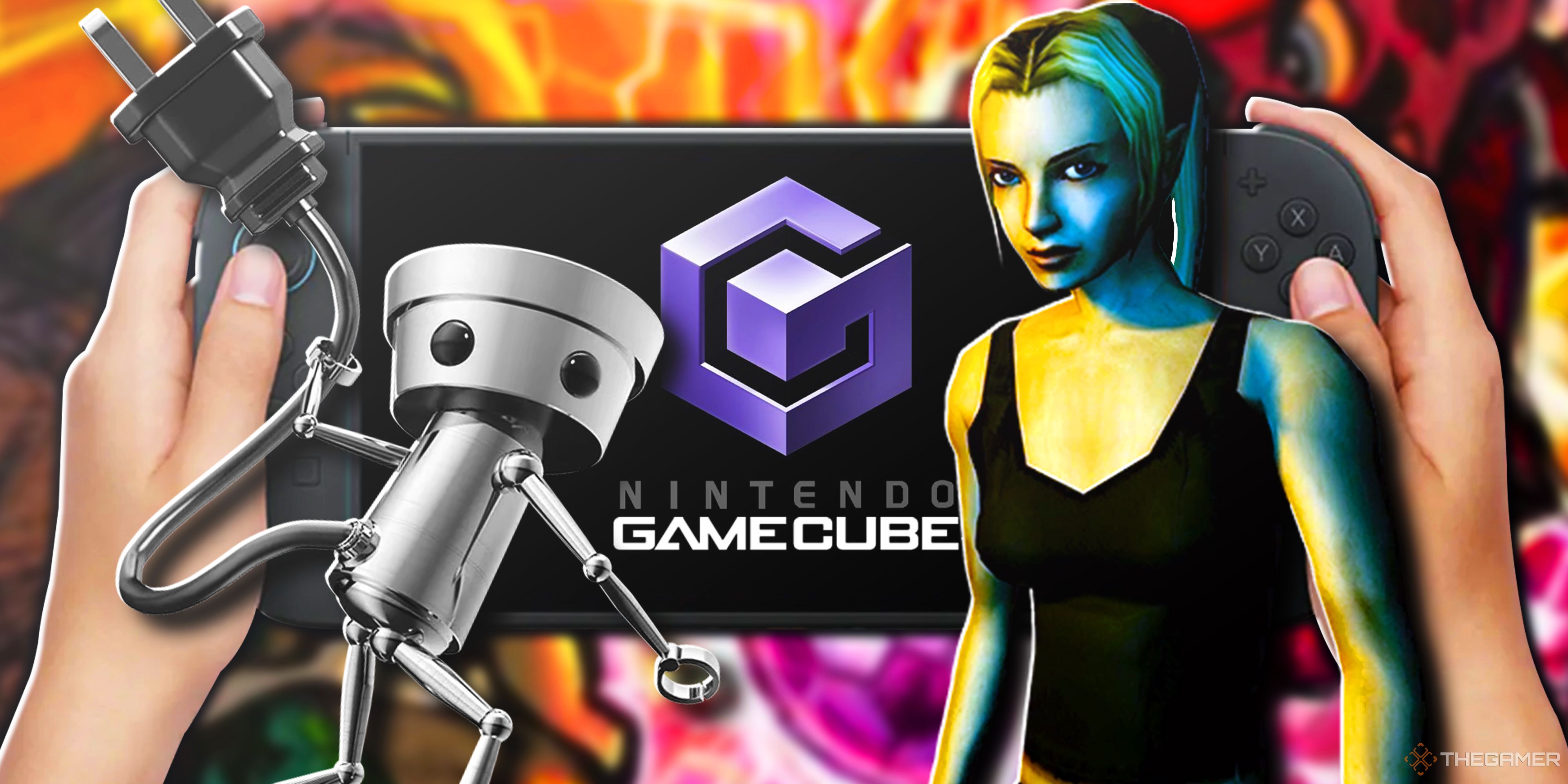 A Nintendo Switch displaying the GameCube logo in a player's hands with characters from Chibi Robo and Eternal Darkness in the foreground.