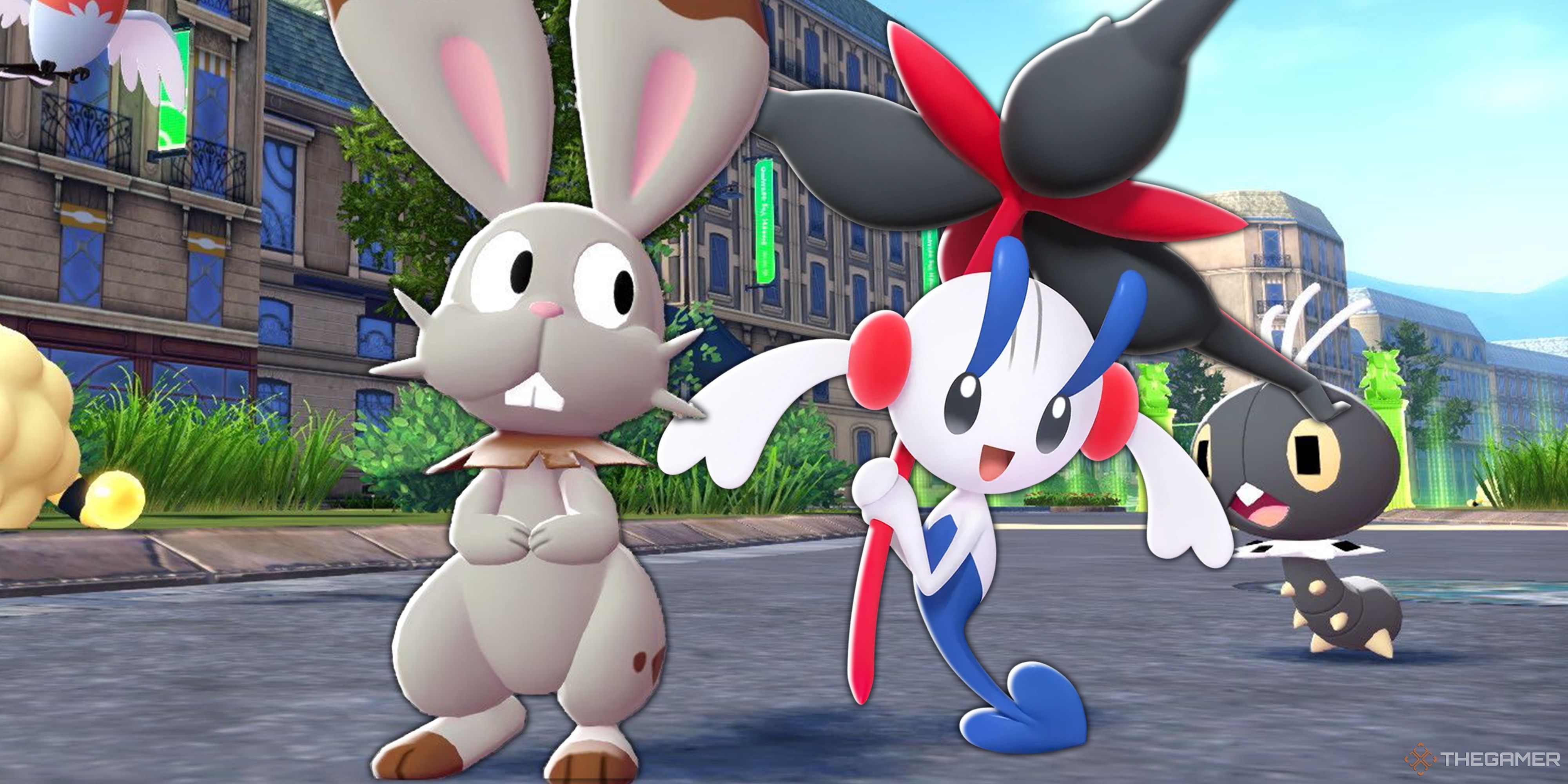 Collage image with Bunnelby, Floette, and Scatterbug in the world of Pokemon Legends: Z-A.