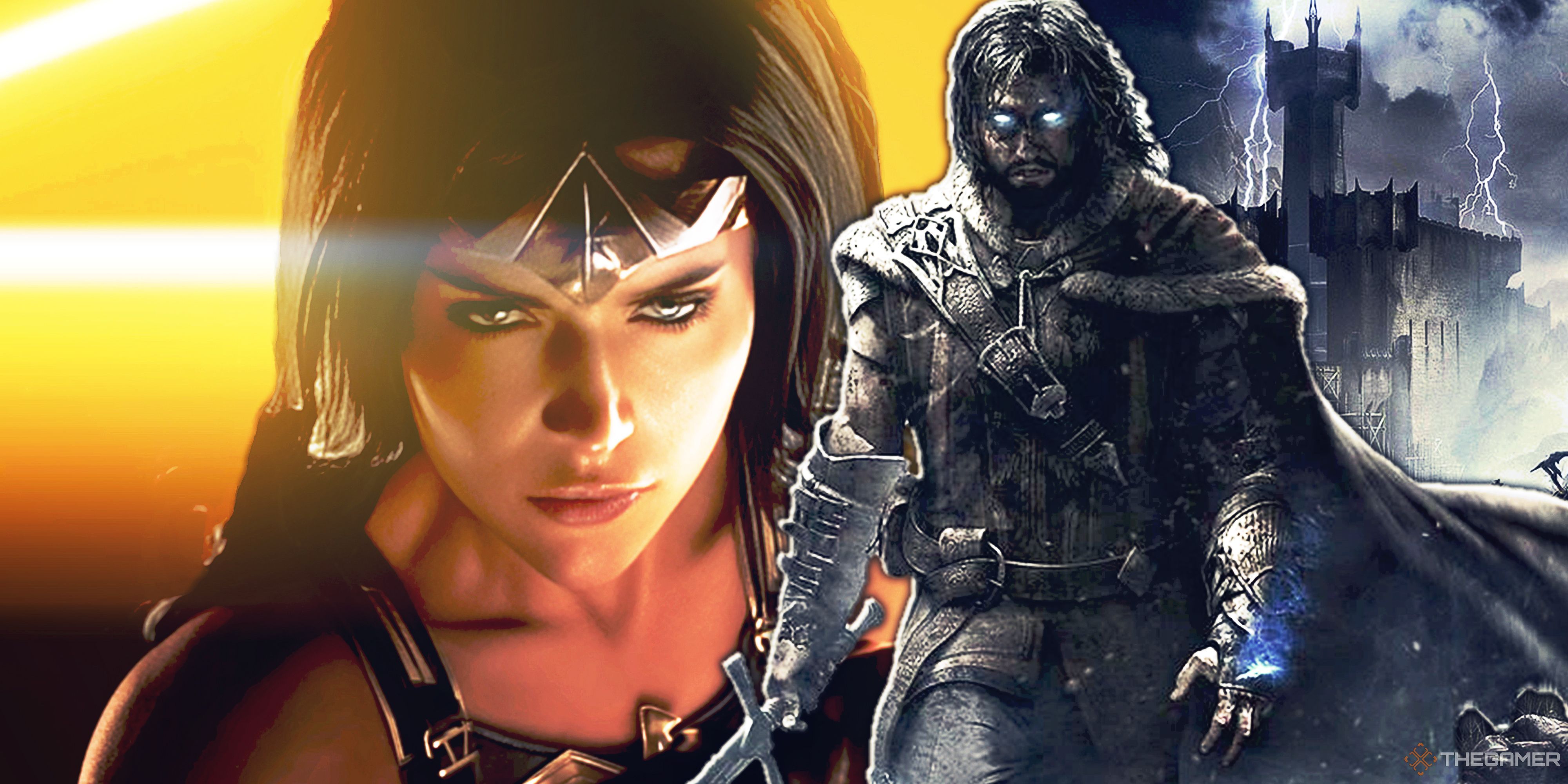 Split image with Wonder Woman and Middle-Earth: Shadow of Mordor.