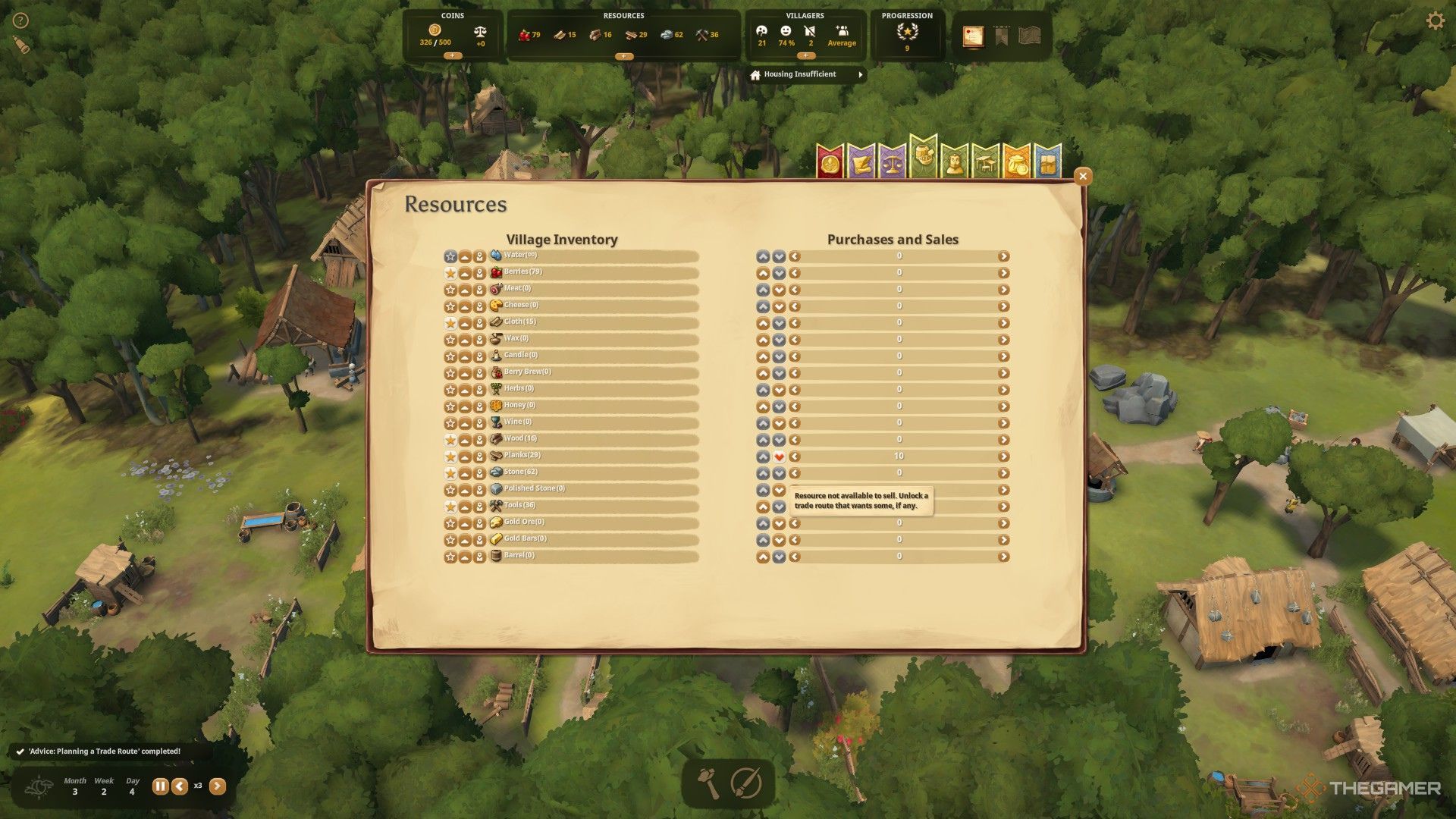 The picture shows the resource menu in the Royal Book, with the player highlighting a blocked resource in the foundation.