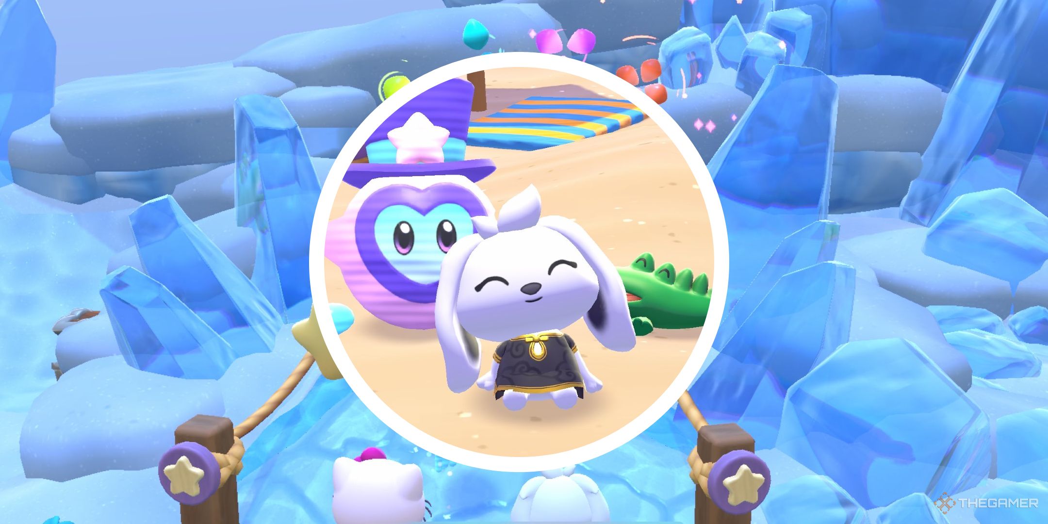 A background image of Icy Peak with a circle PNG showing a player posing with Tophat and Big Challenges in Hello Kitty Island Adventure.