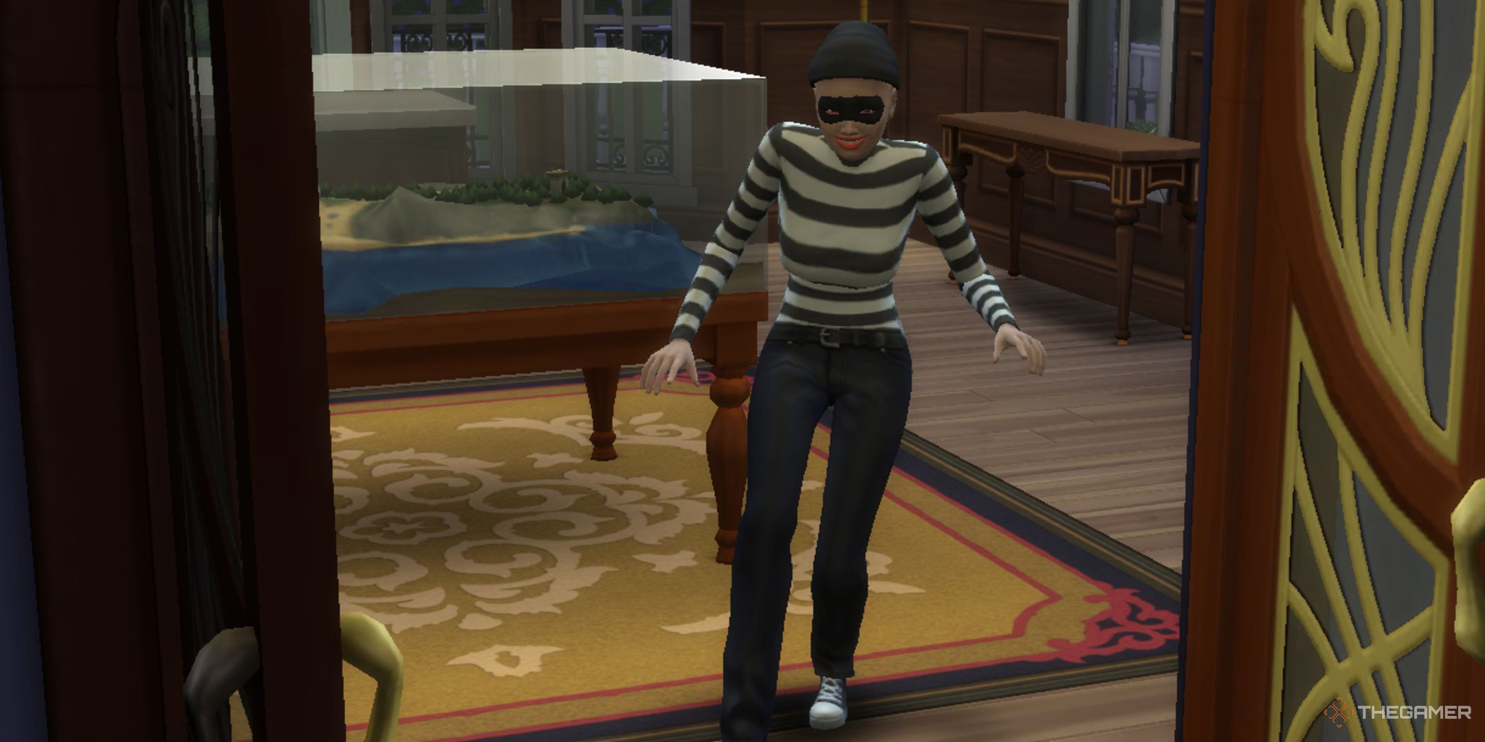 A burglar sneaking into a house in The Sims 4.