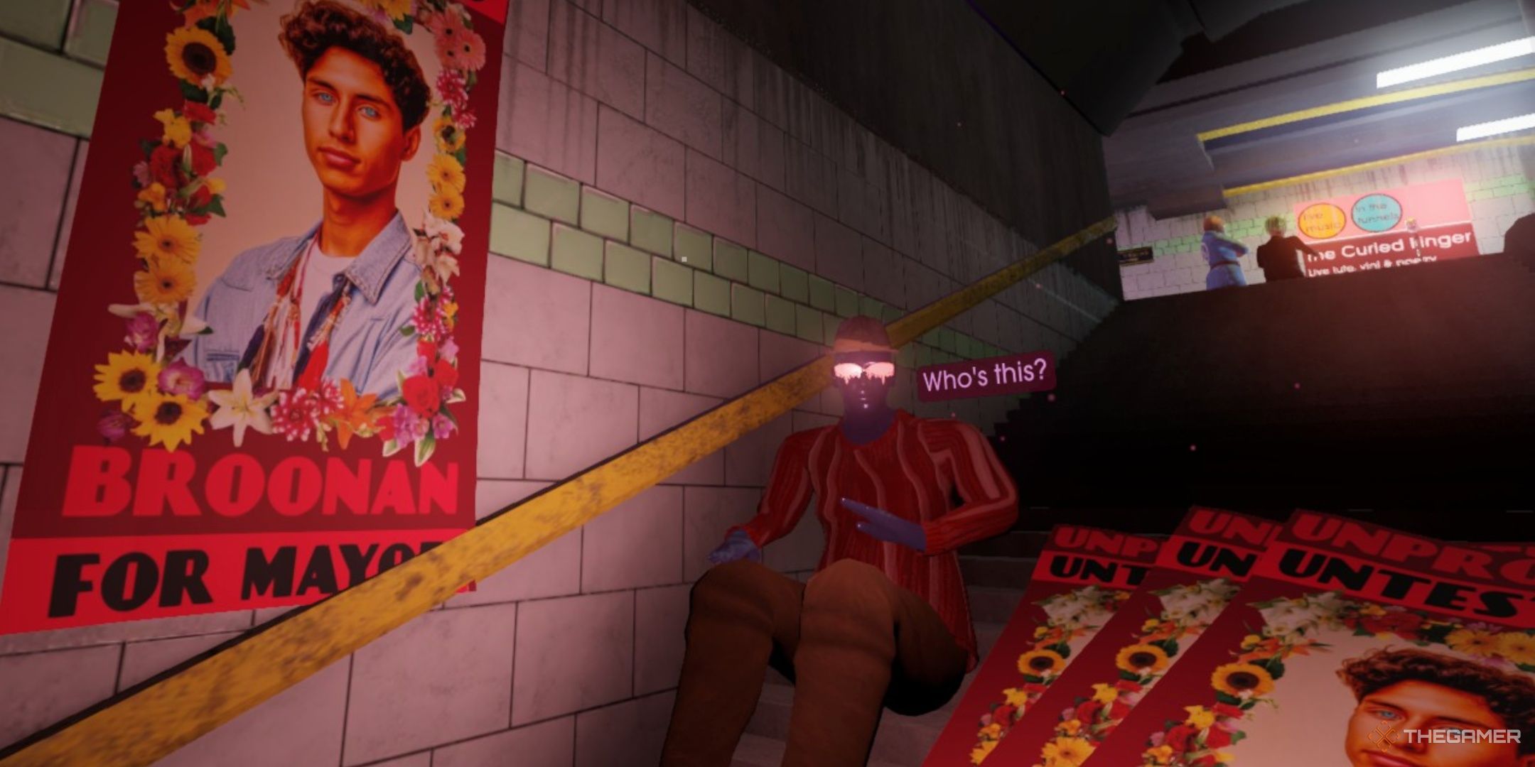 A character sits on the stairs in the train station in Moves of the Diamond Hand, with a poster for a mayoral candiate behind him.