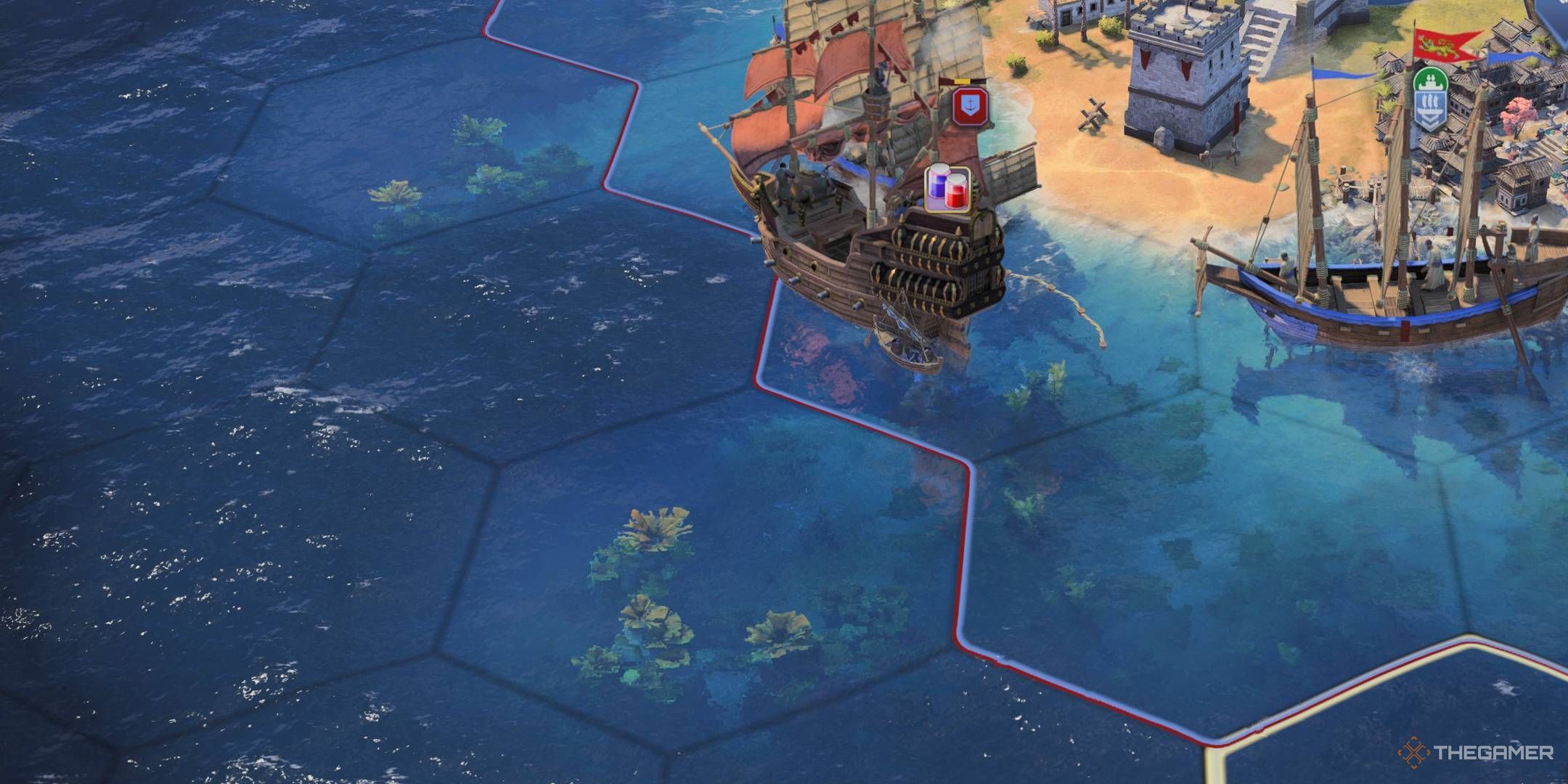 A close-up of ship combat in Civ 7