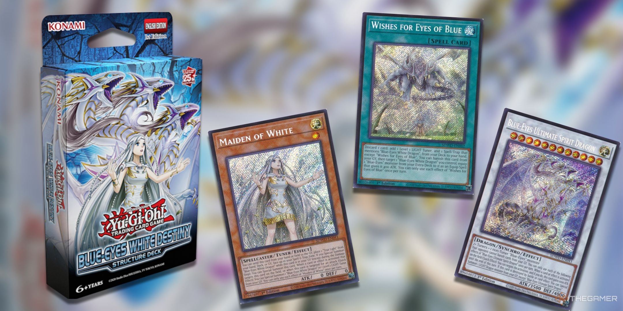 A collage of rare Yu-Gi-Oh! TCG Blue Eyes White Destiny Structure Deck Cards such as Maiden of White, Wishes for Eyes of Blue, and Blue Eyes Ultimate Spirit Dragon.