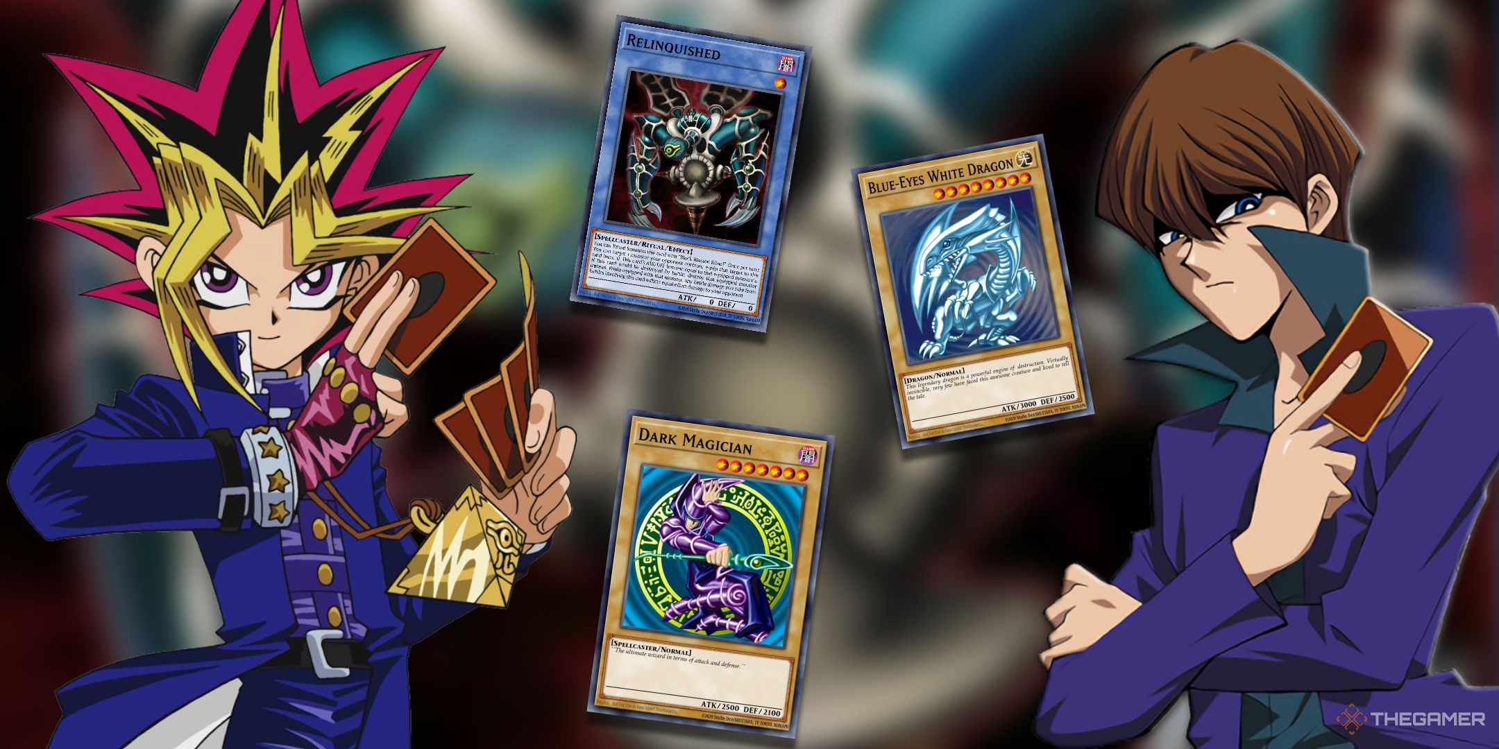 A collage of Yu-Gi-Oh! TCG Cards that are from the starter decks such as Relinquished, Blue Eyes White Dragon, and Dark Magician.