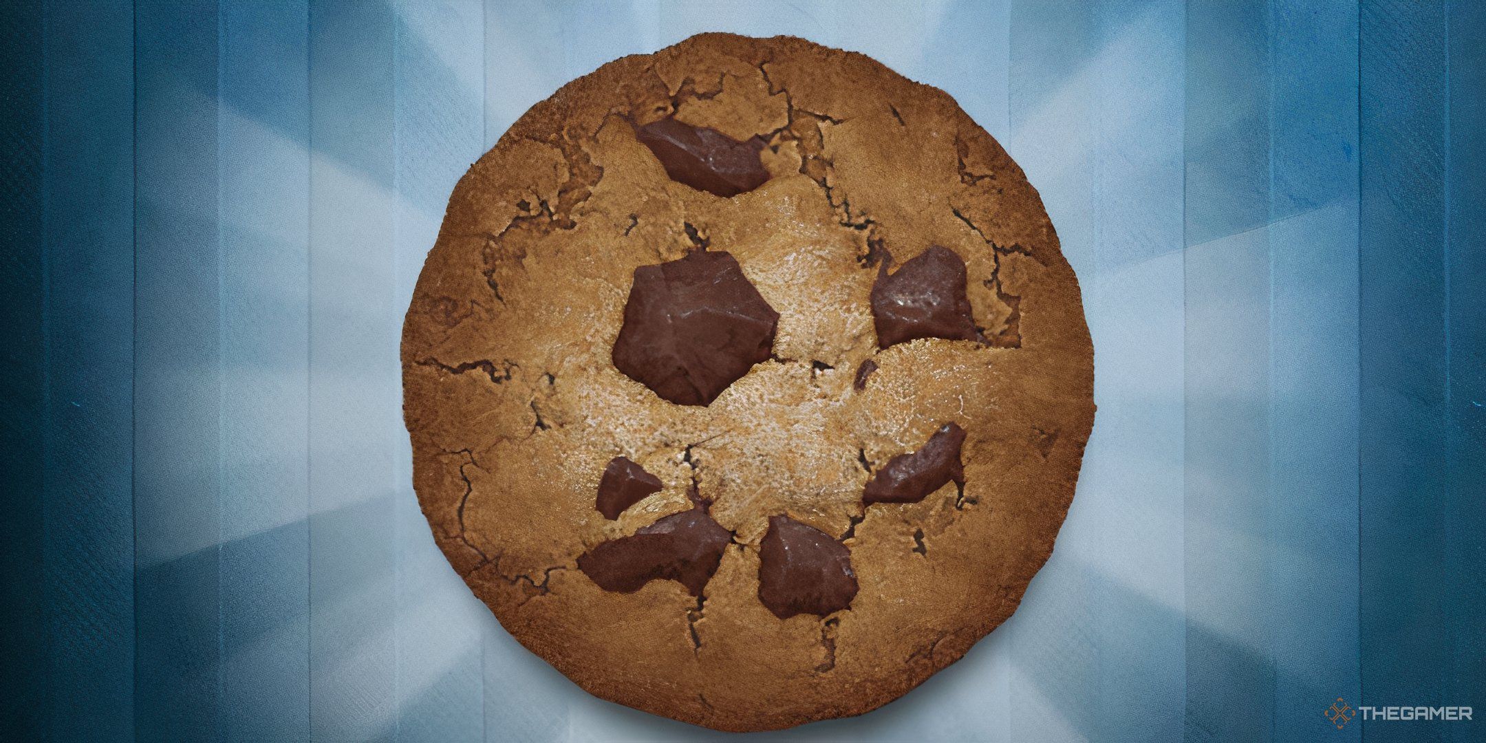 A cookie from Cookie Clicker on a blue background.