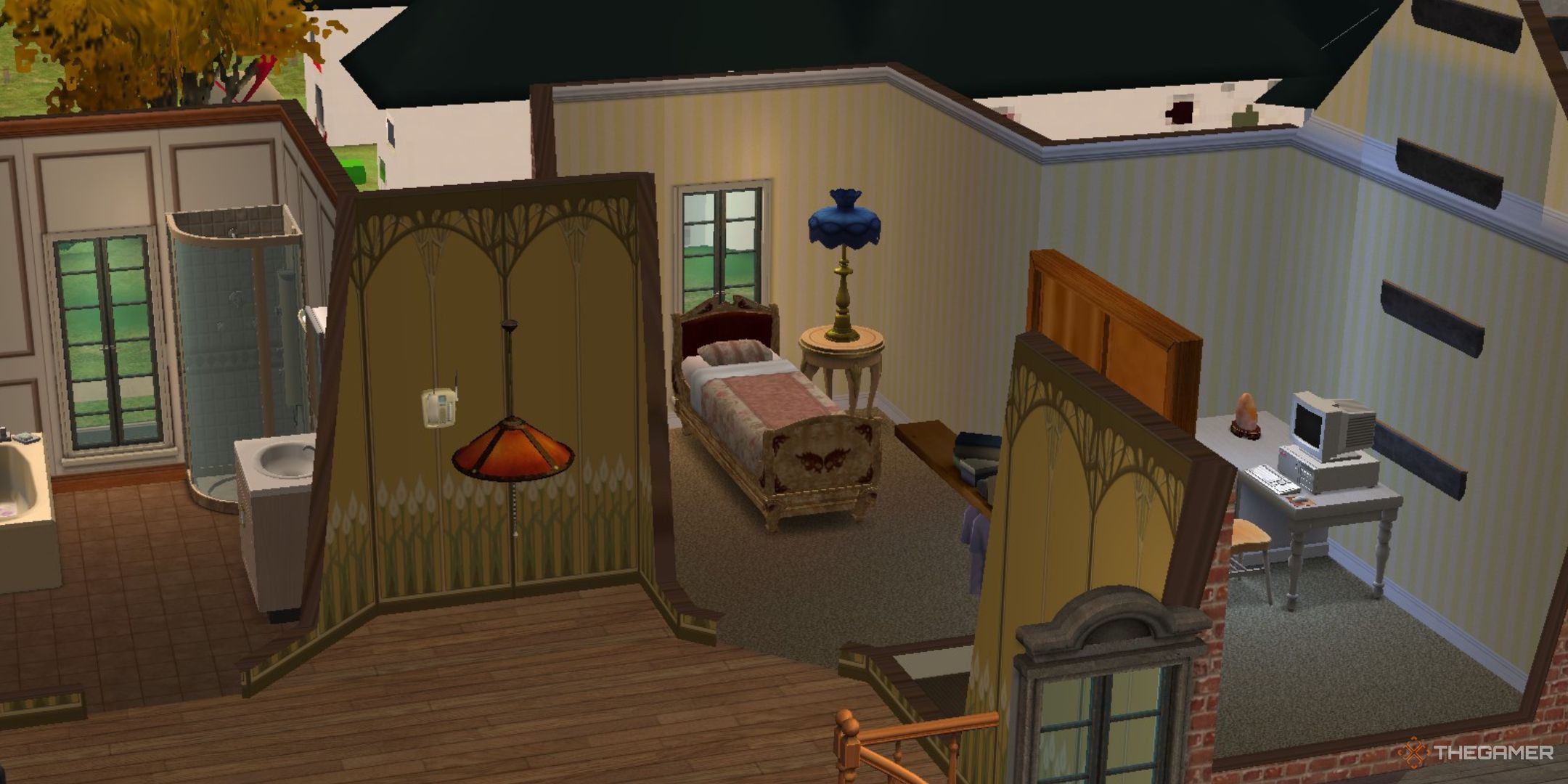 بهترین مهارت در Sims 2 7 یک خانه مبله با تختخواب ، دوش ، رایانه در سیمز 2.-1 نشان داده شده است