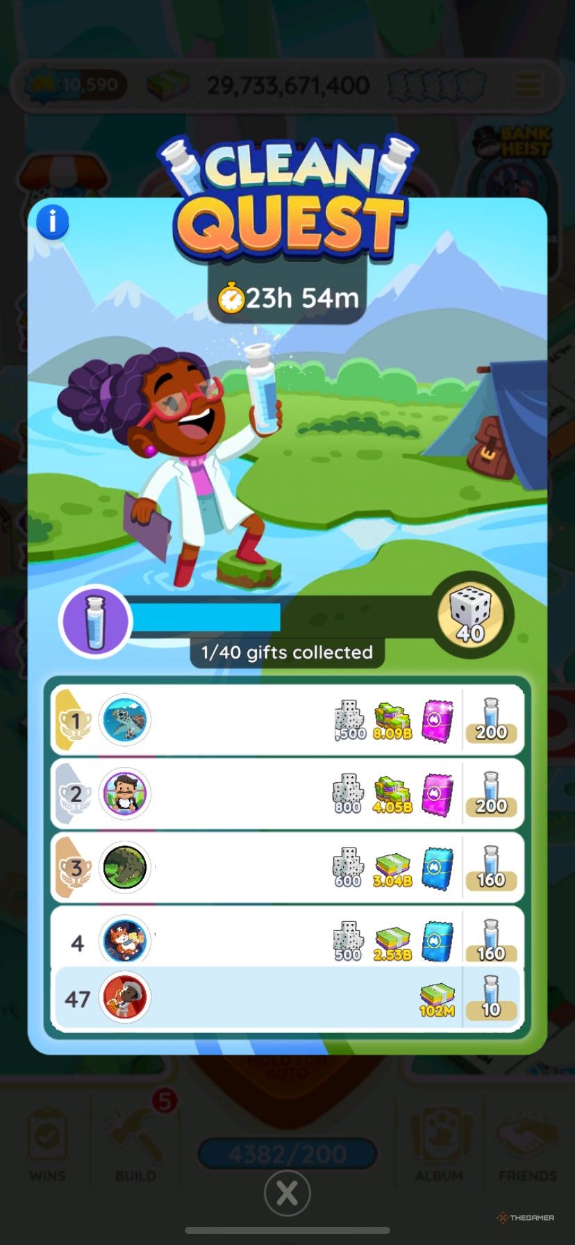 A leaderboard during the Clean Quest tournament in Monopoly Go.