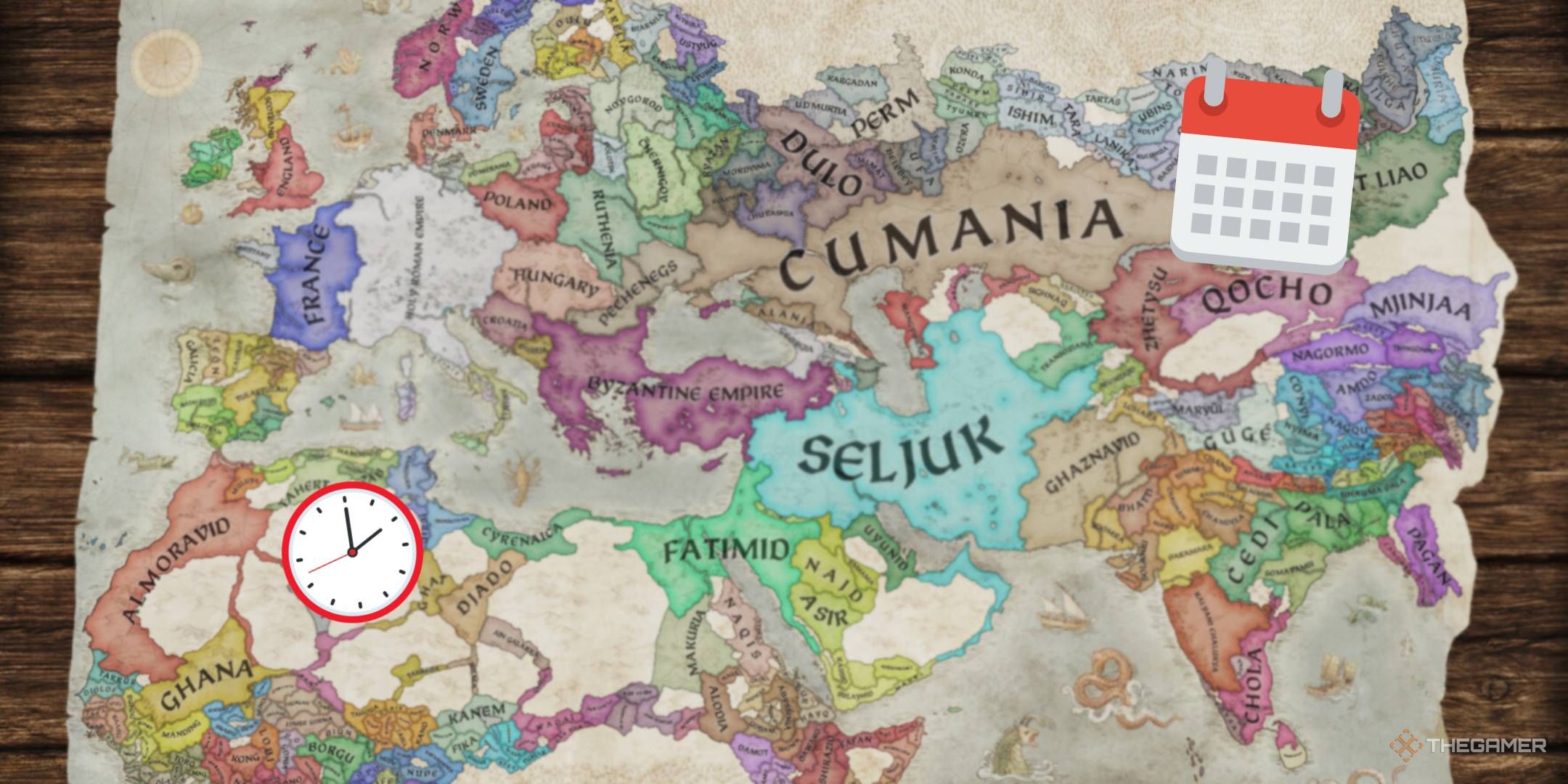 a lightly blurred map of crusader kings 3 with a clock and calendar in opposing corners.