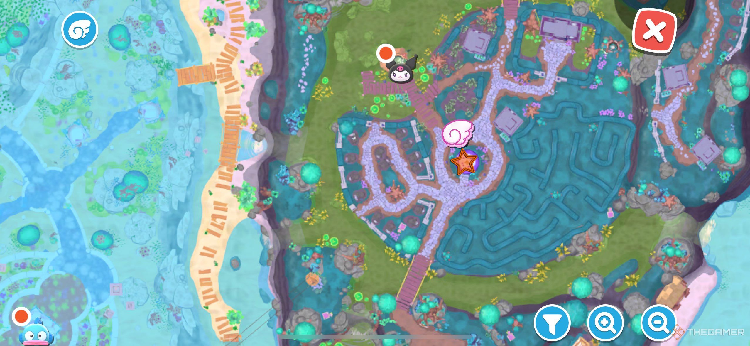 A map with the Fwishing Well location marked in Hello Kitty Island Adventure.